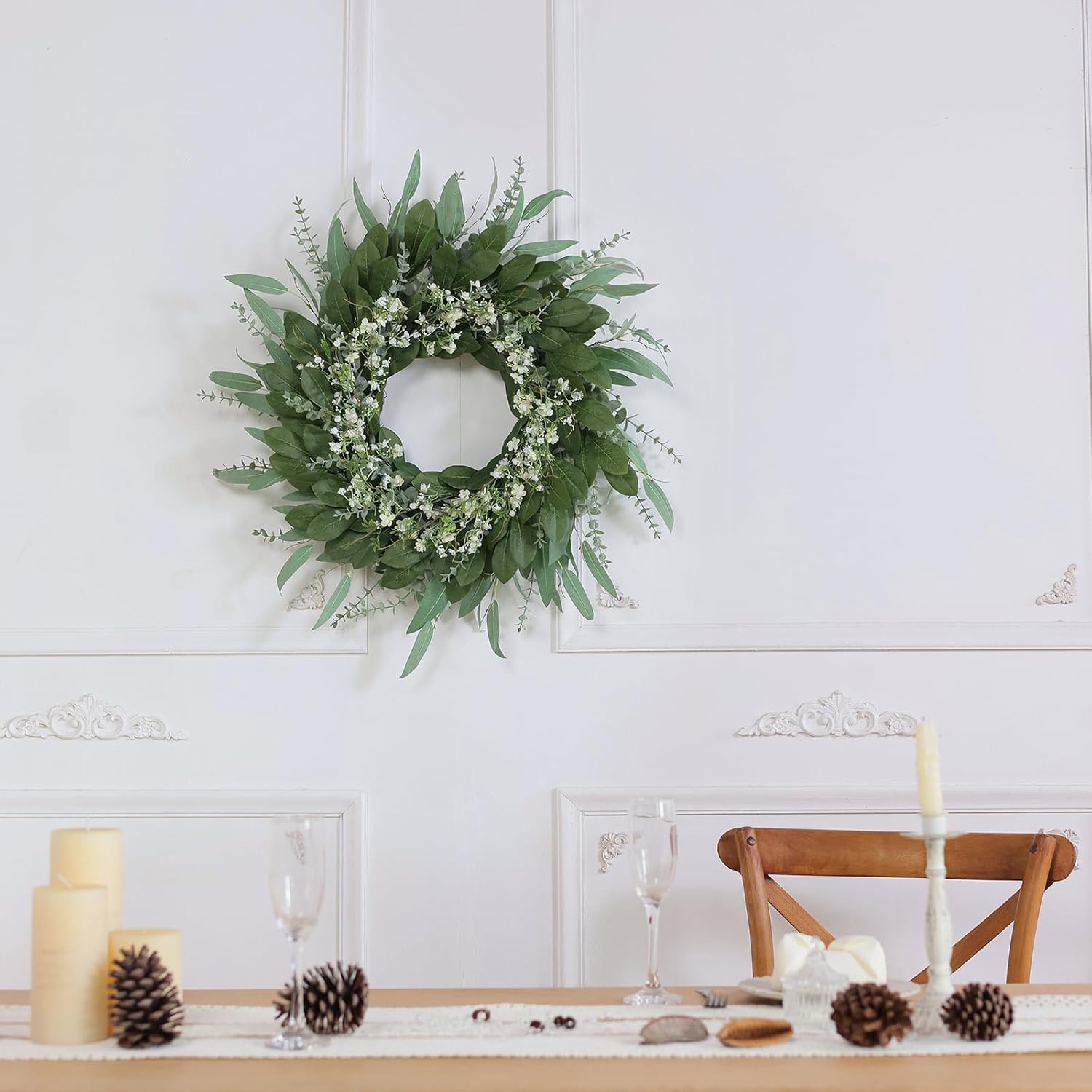 26 Inch Eucalyptus and Babys Breath Wreath for Front Door
