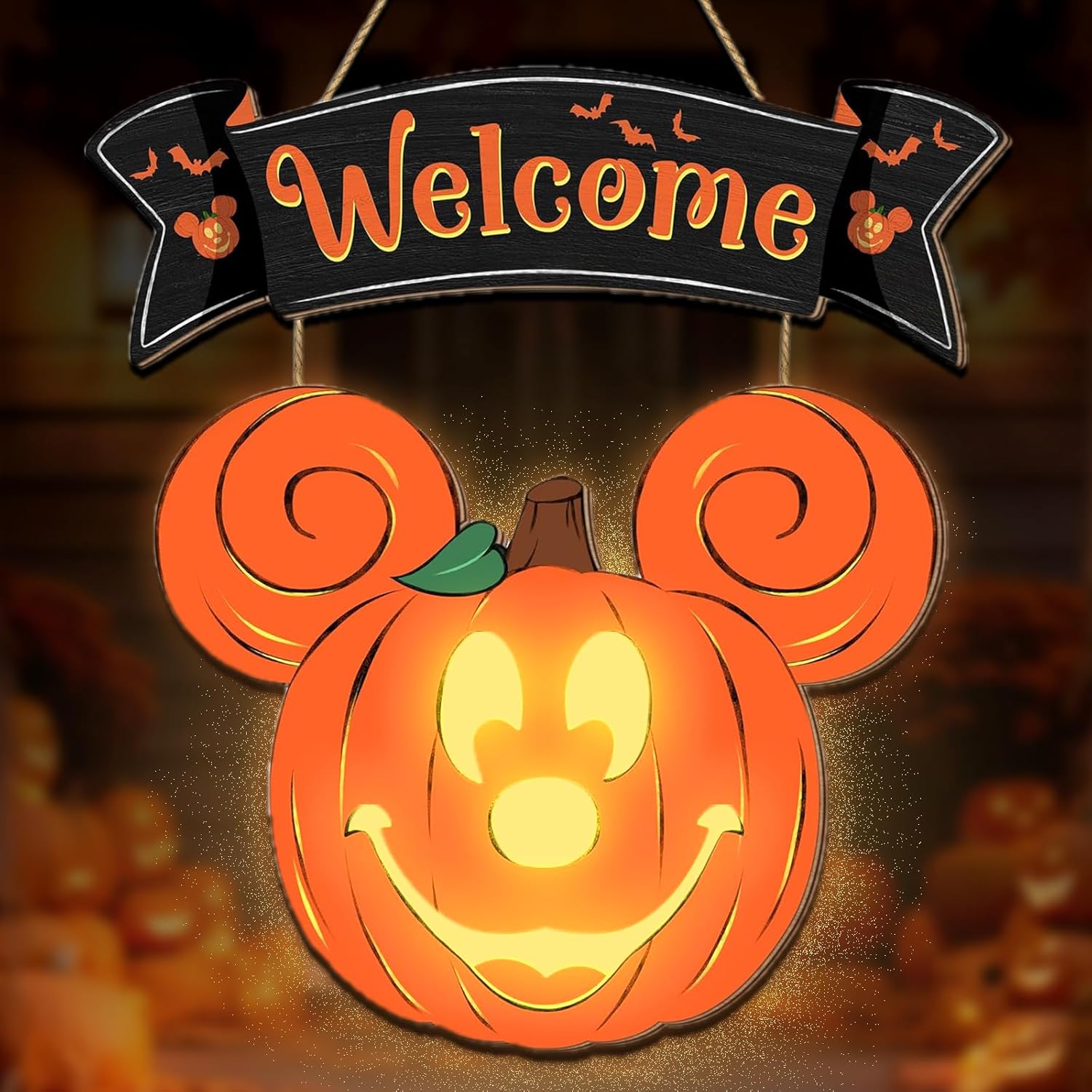 Halloween Mouse Pumpkin Lantern Door Sign with Light