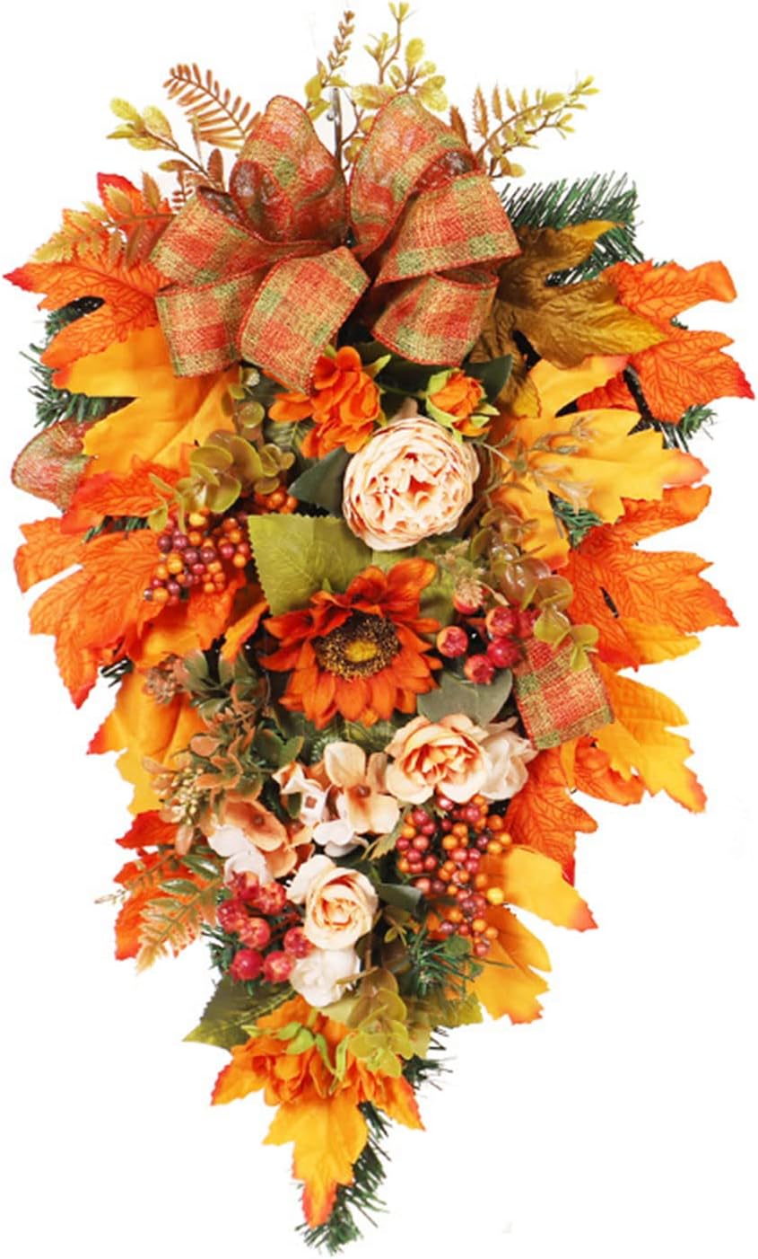 Harvest Teardrop Swag with Peonies and Maple Leaves