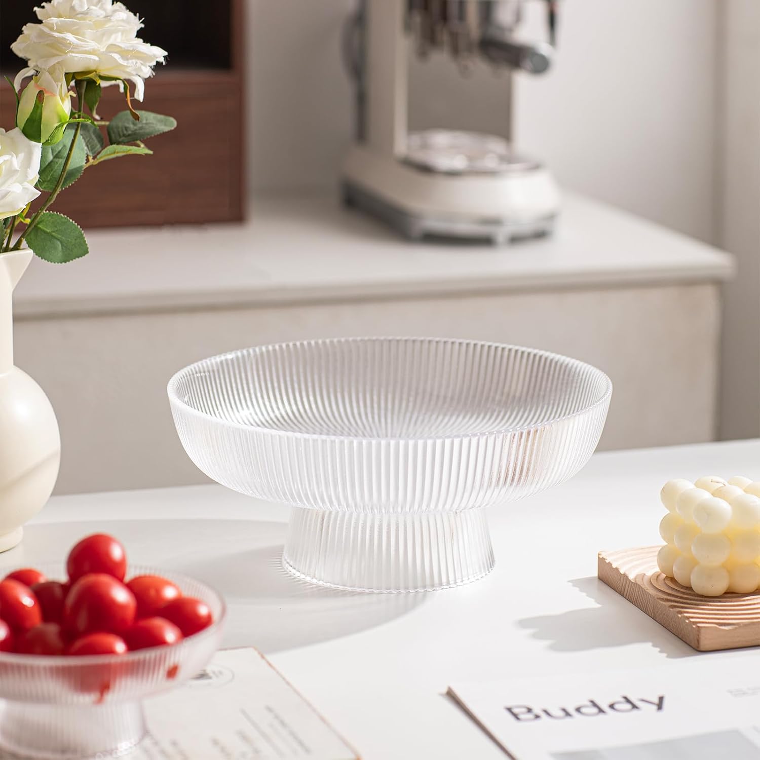 INSETLAN Clear Glass Fruit Bowl with Ribbed Design
