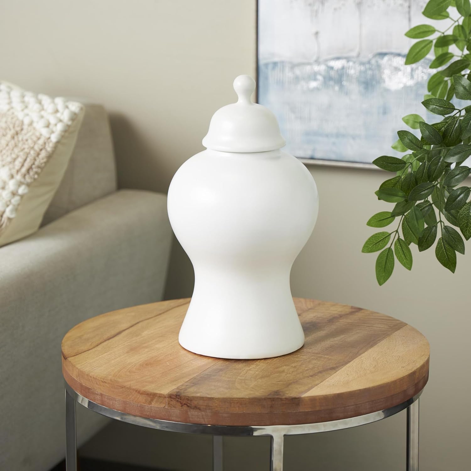 Deco 79 White Ceramic Decorative Jar with Lid and Ball Knob