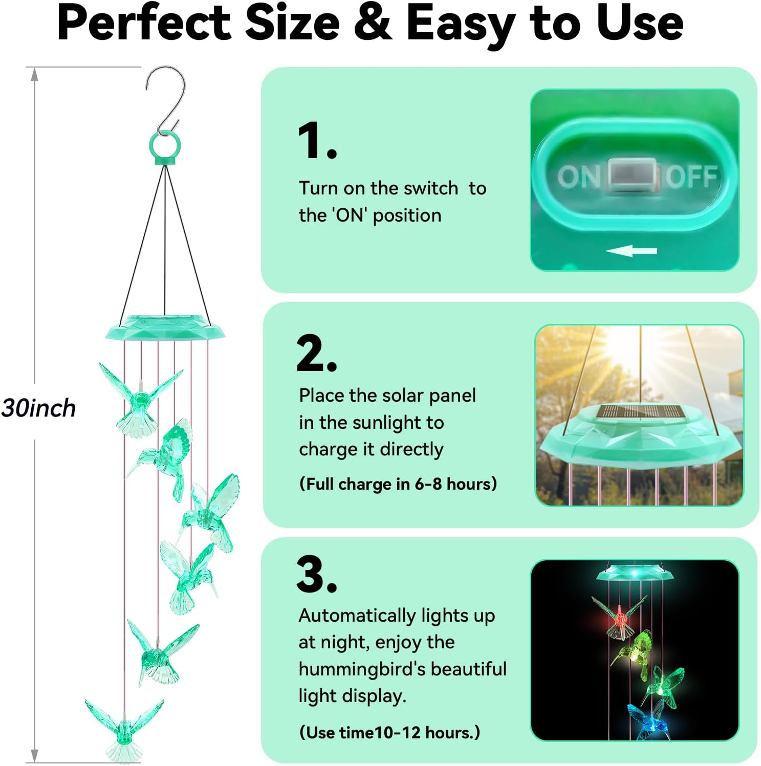 Diamond Cut Hummingbird Solar Wind Chime for Garden 28 Green Light