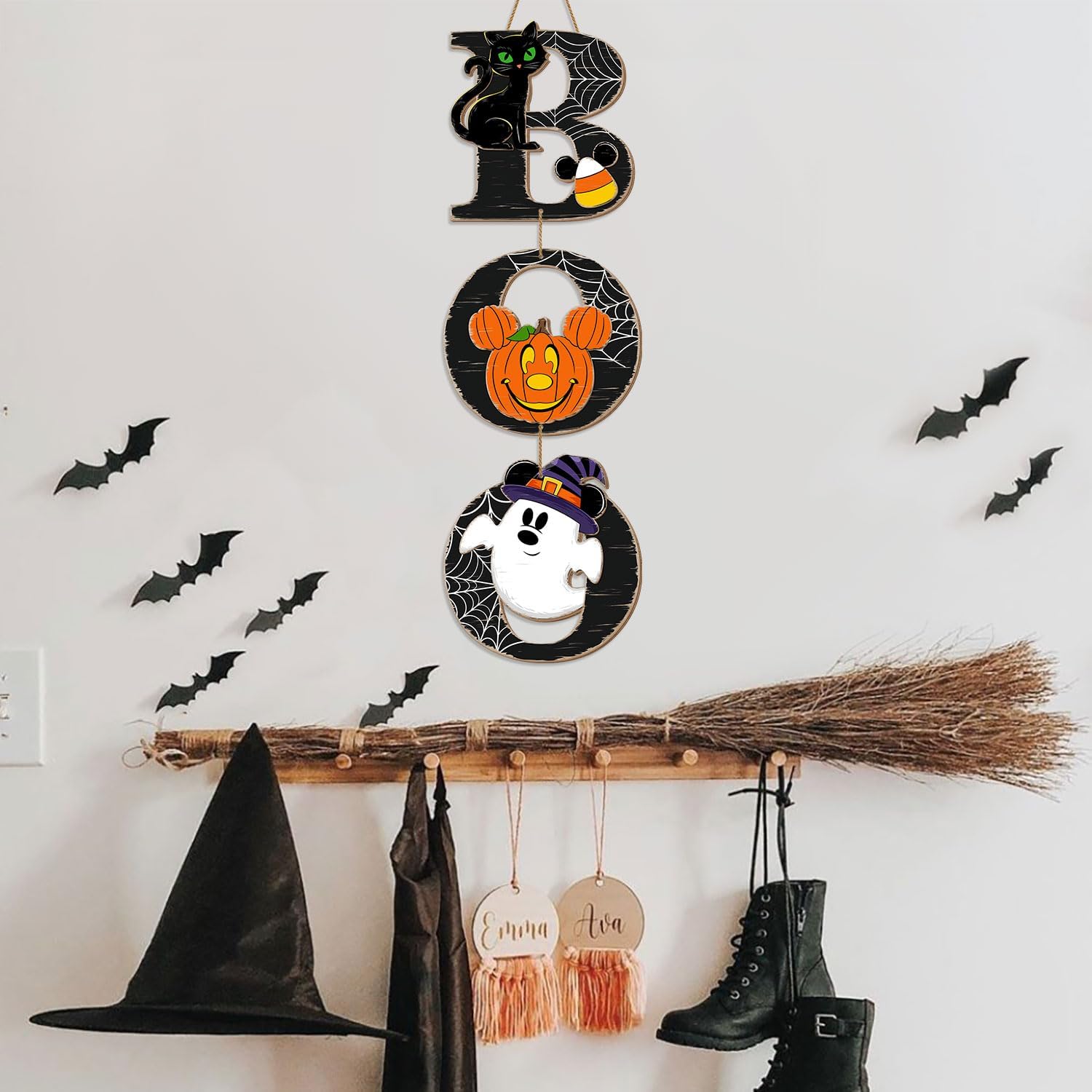 Halloween BOO Mouse Door Sign Decorations with Black Cat Pumpkin Ghost