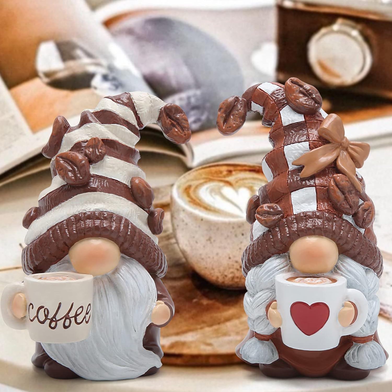 Hodao 2PCS Coffee Gnome Figurines - Bar Decor for Home and Gifts