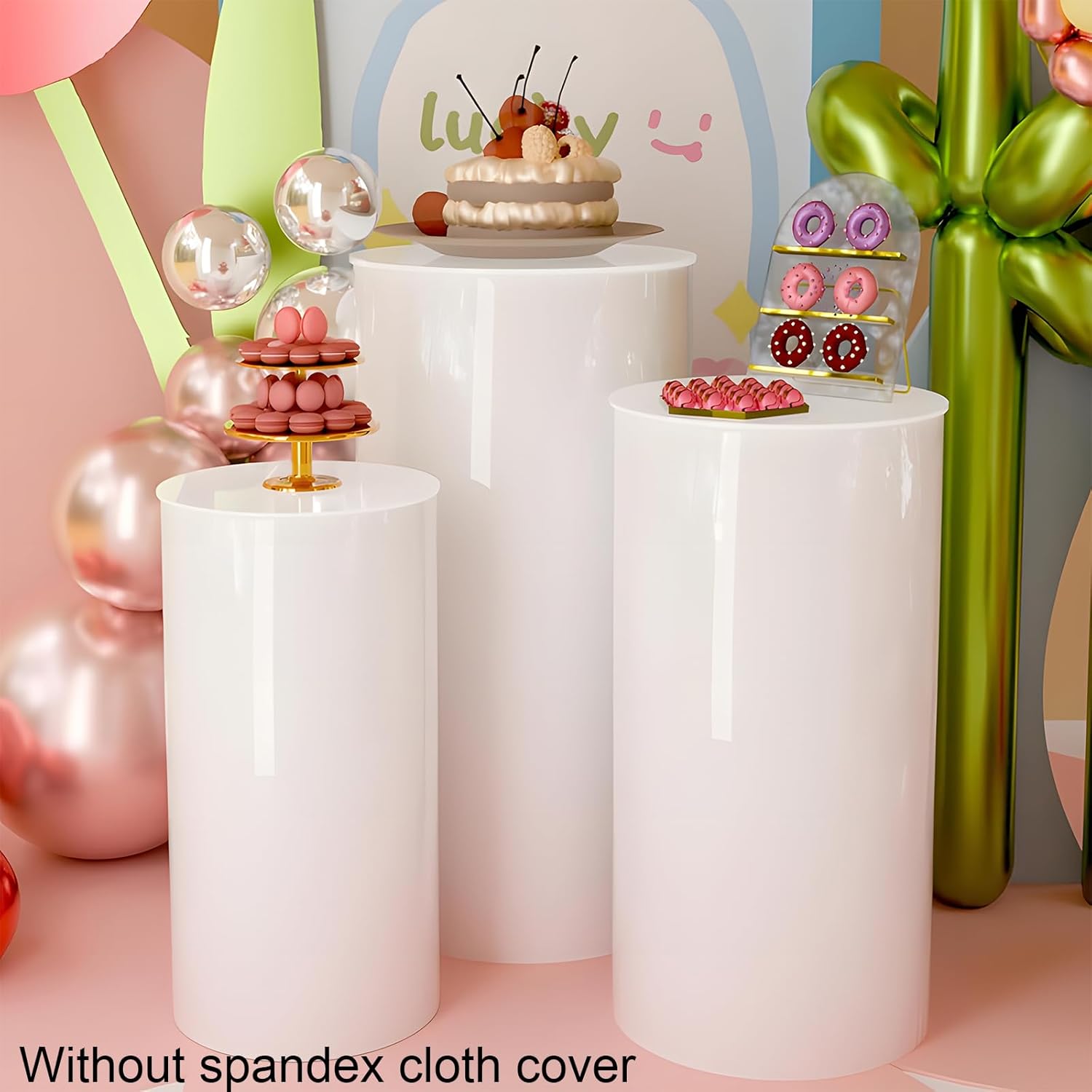 3Pcs White Cylinder Pedestal Stand with Spandex Covers for Parties and Events