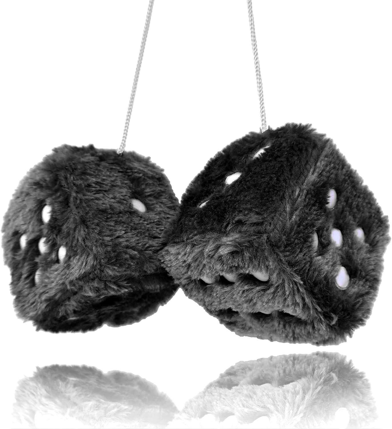 Pair 3 Inch Black with White Dots Mirror Fuzzy Dice