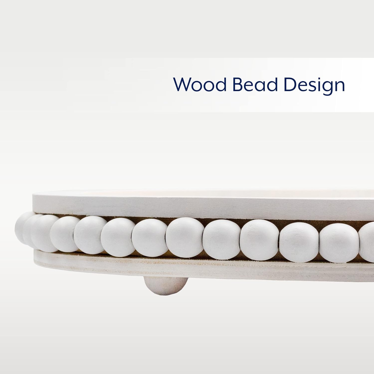 AuldHome Wood Beaded Tray White Decorative Oval