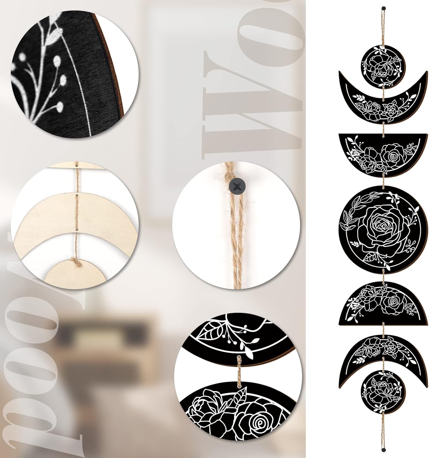 BBTO Boho Wall Art Moon Phases Decor Wooden Witchy Sign