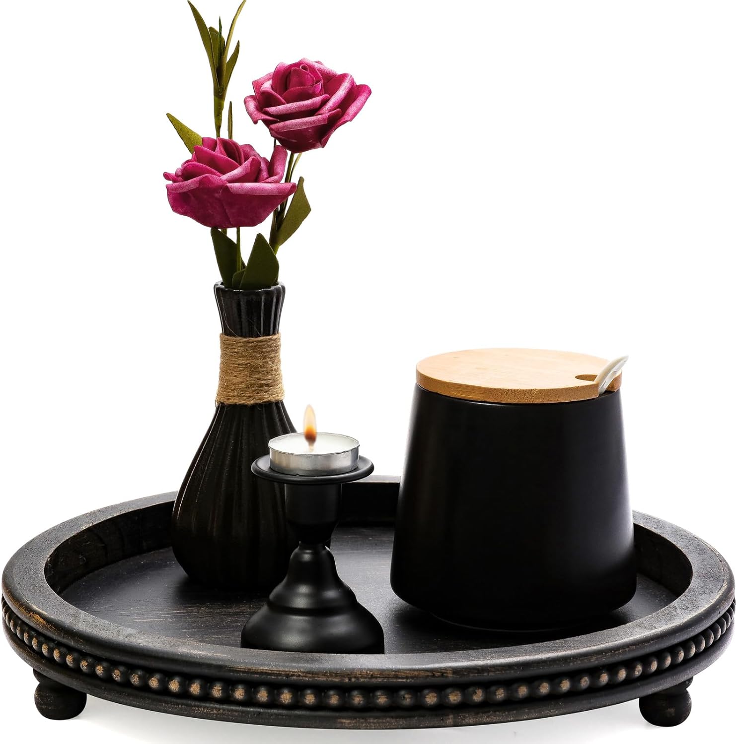 KULEDM Black Round Wooden Tray Decor for Coffee Table