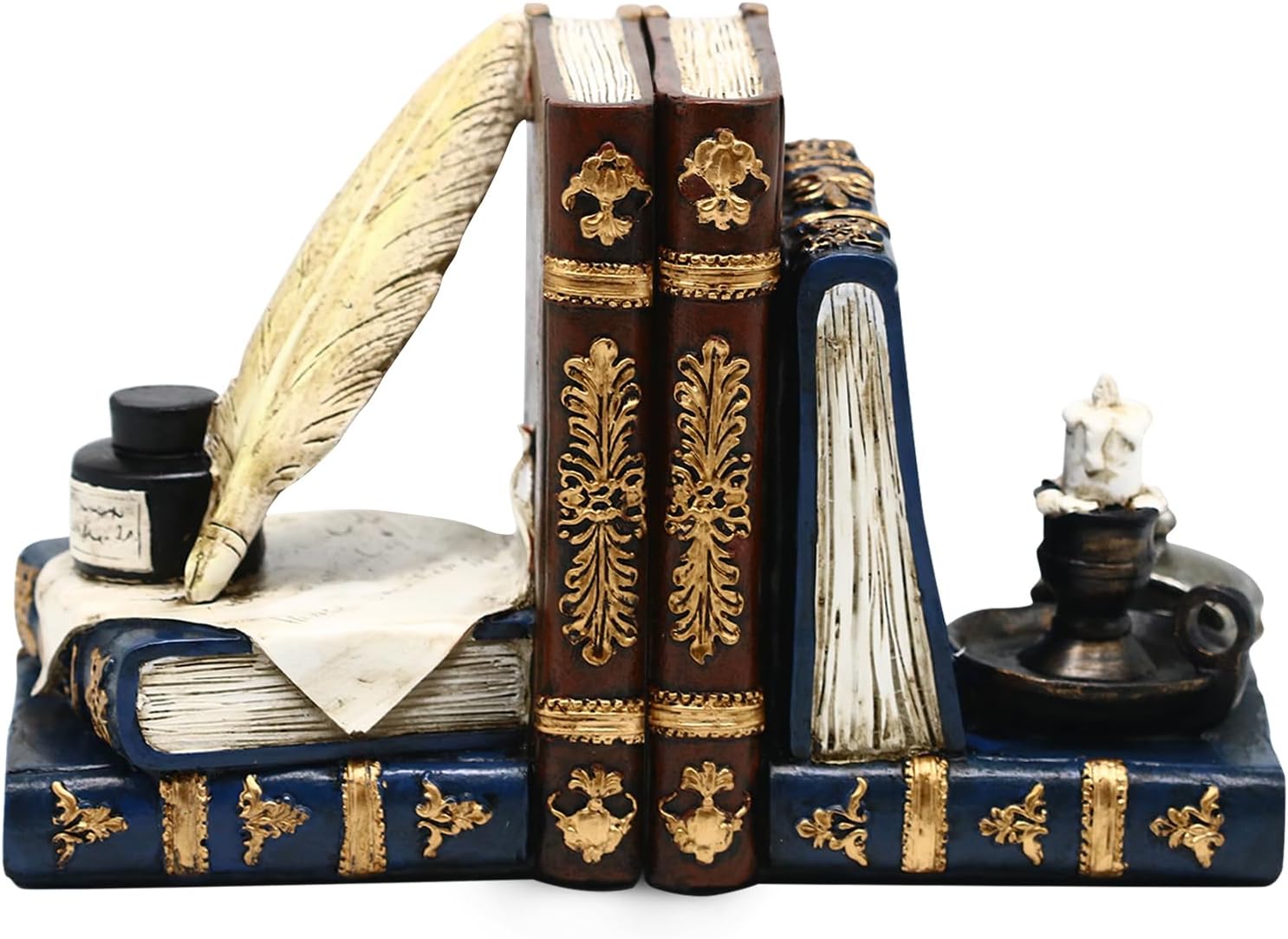 Vintage L Shaped Bookends with Feather Quill and Oil Lamp Design