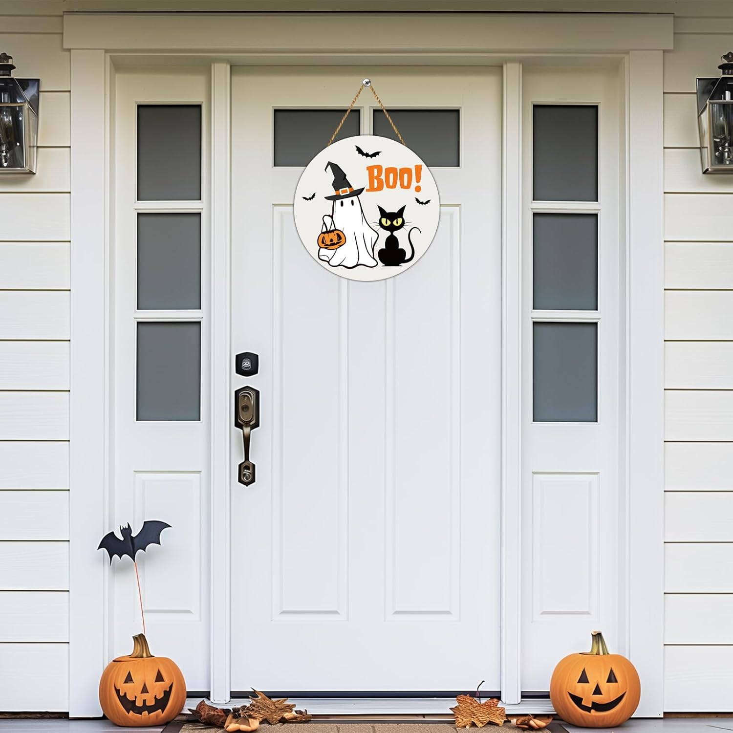 Halloween Door Wreath Cute Ghost Black Cat Front Door Decor