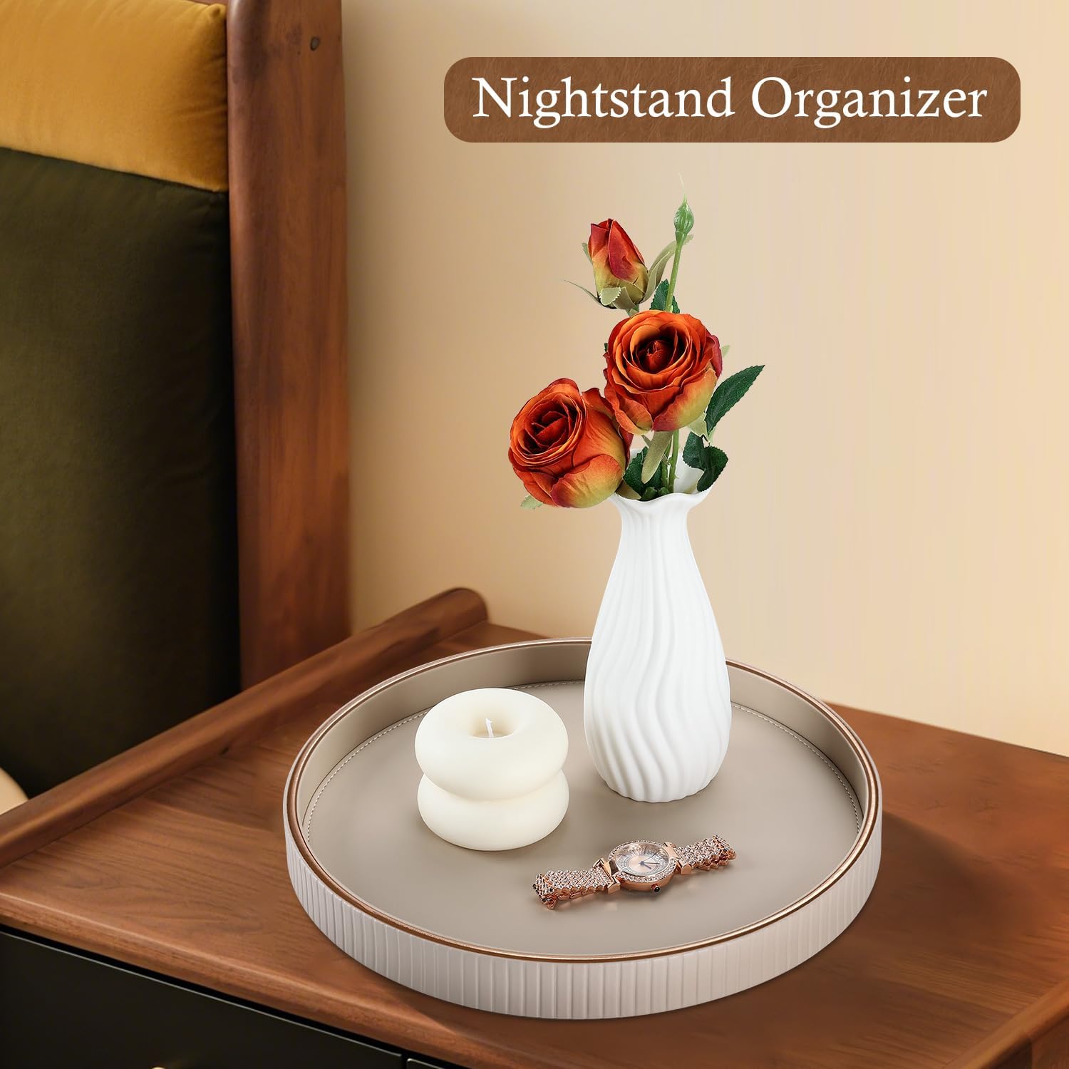 GORESE Round Decorative Tray 12 PU Leather Serving Tray for Coffee Table and Home Decor