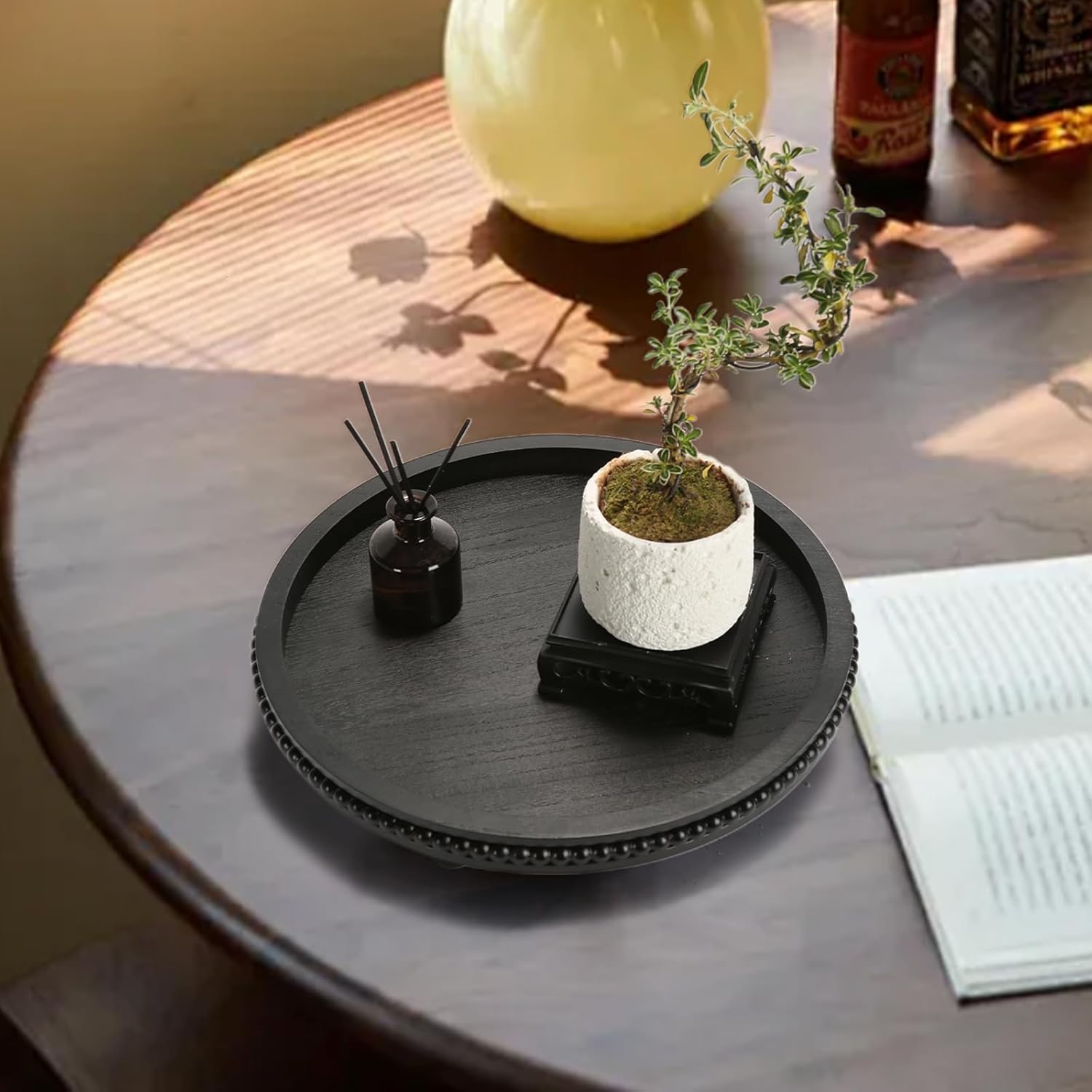 Round Black Wooden Beaded Decor Tray for Coffee Table