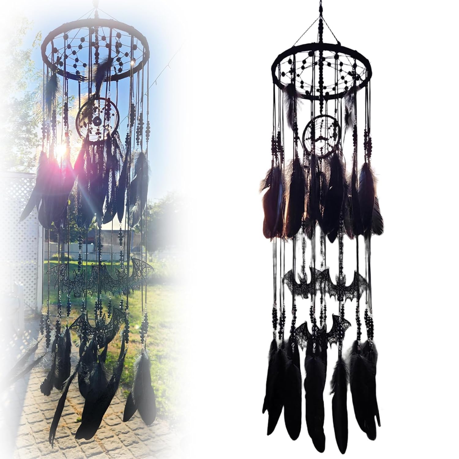 Gothic Black Dreamcatcher Mobile with Crystals and Bats