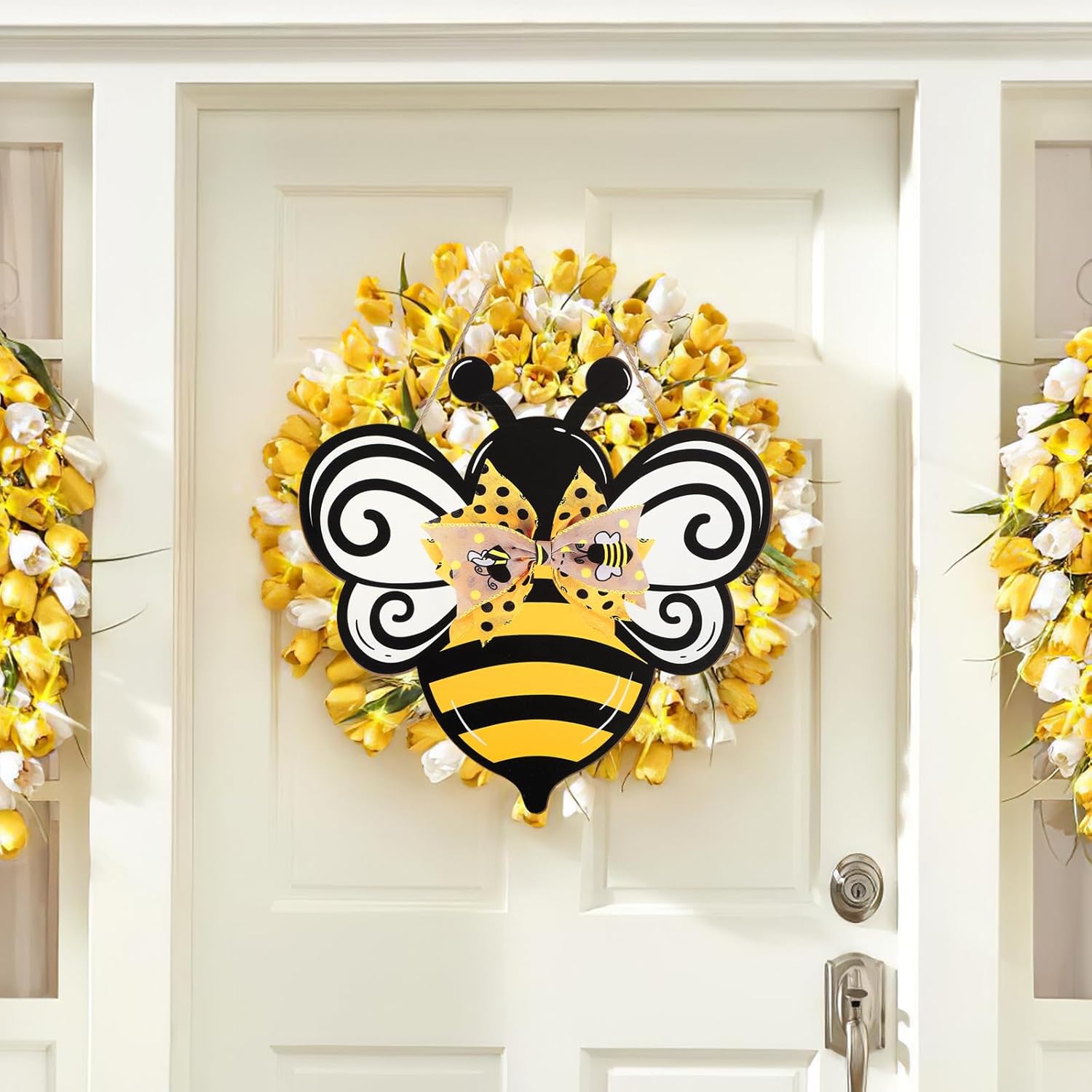 Bee Wooden Wreath Front Door Welcome Sign with Bow Ribbon