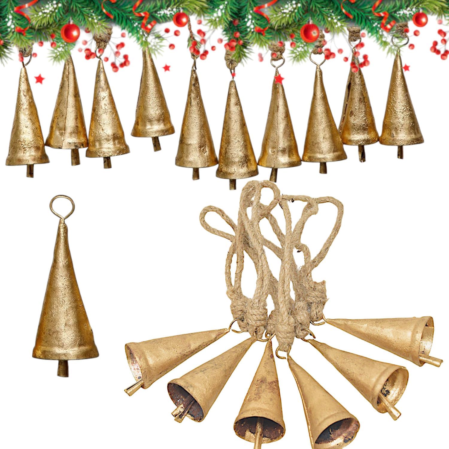 Christmas Bells Set of 6 Rustic Cow Bells with Jute Rope