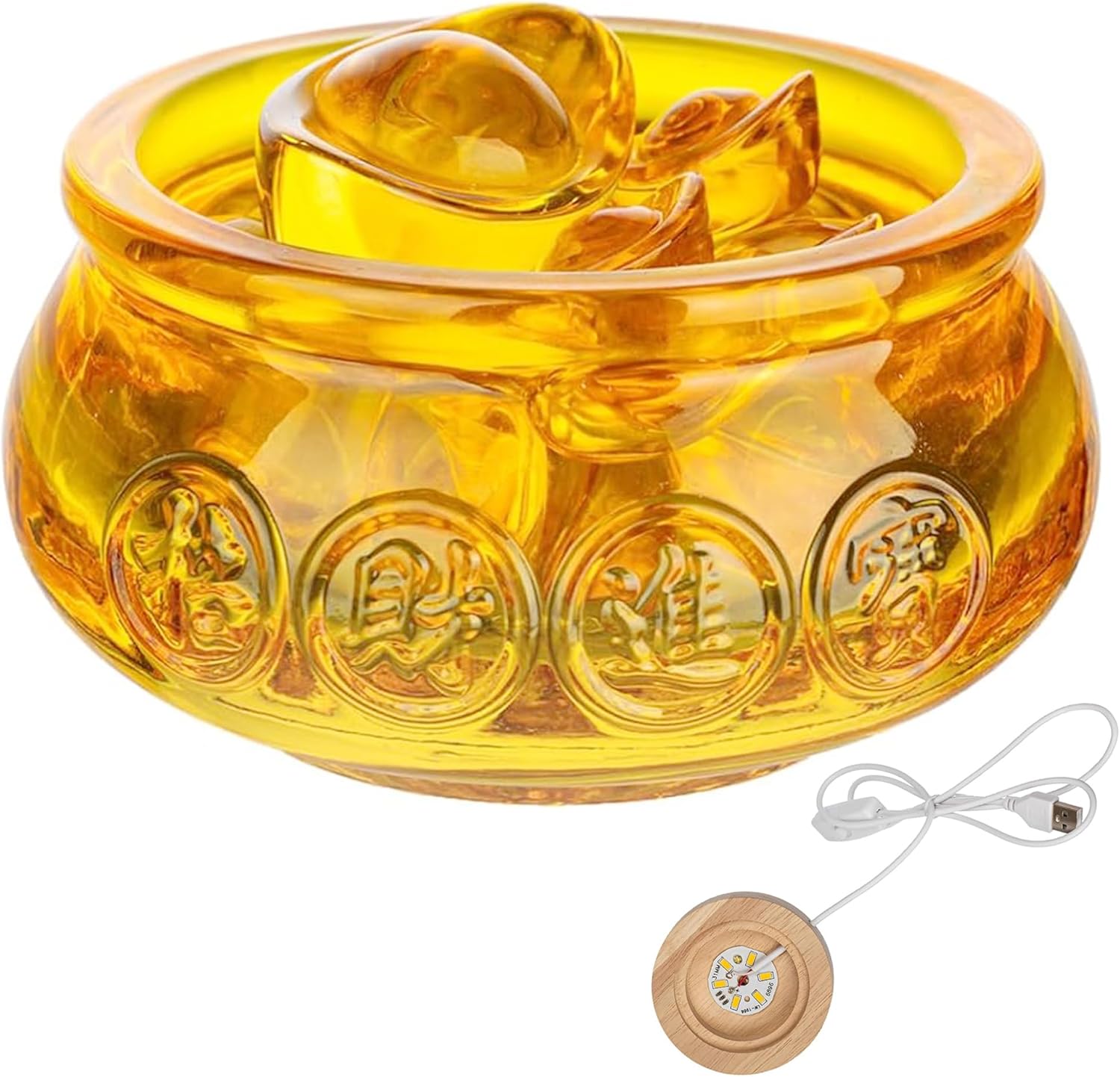 Golden Treasure Crystal Glass Bowl with LED Base and 321 Ingot Decor