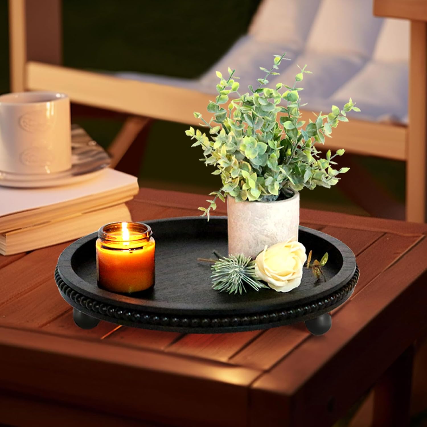 Round Black Wooden Beaded Decor Tray for Coffee Table