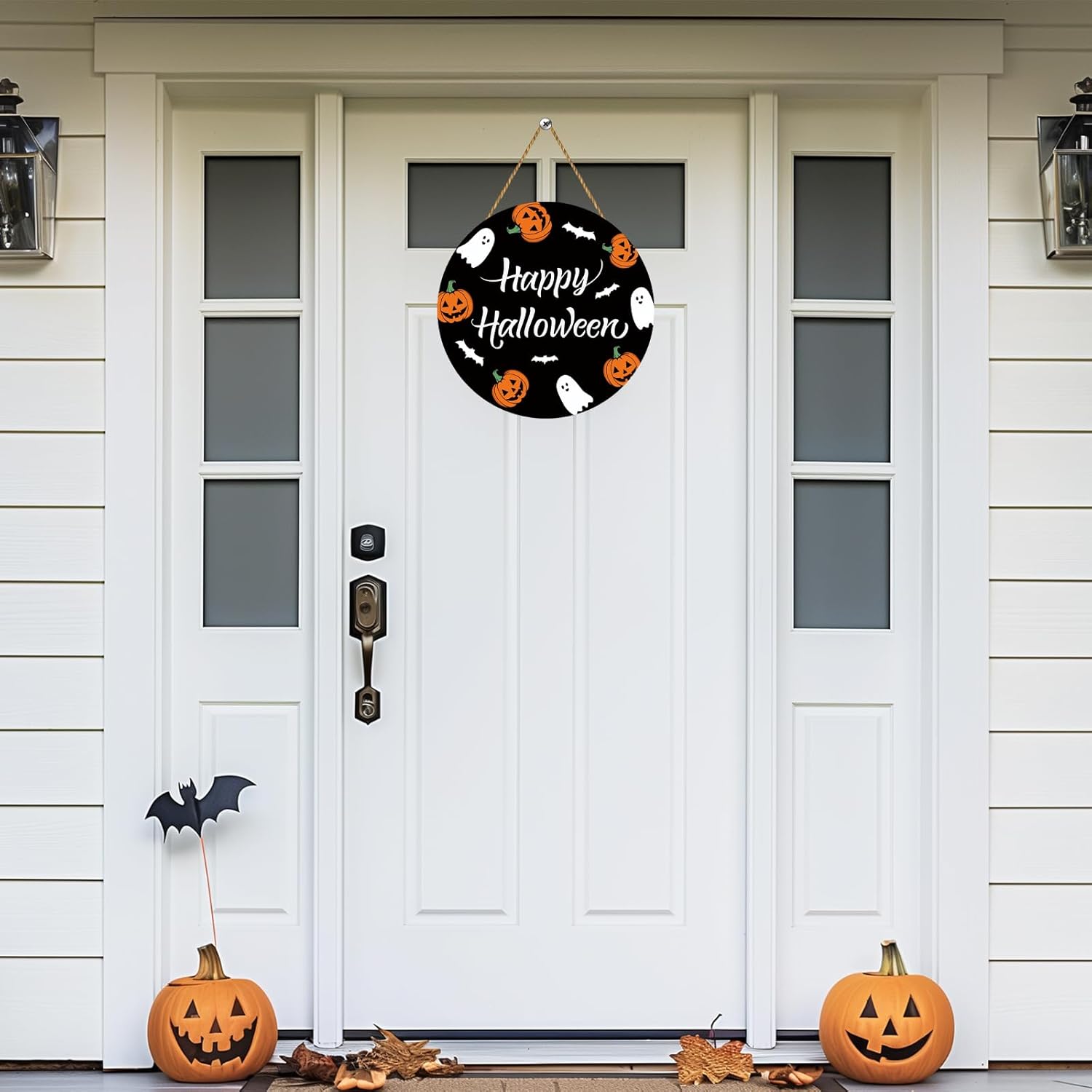 Cute Halloween Wreath with Ghosts Pumpkins Bats Hanging Sign