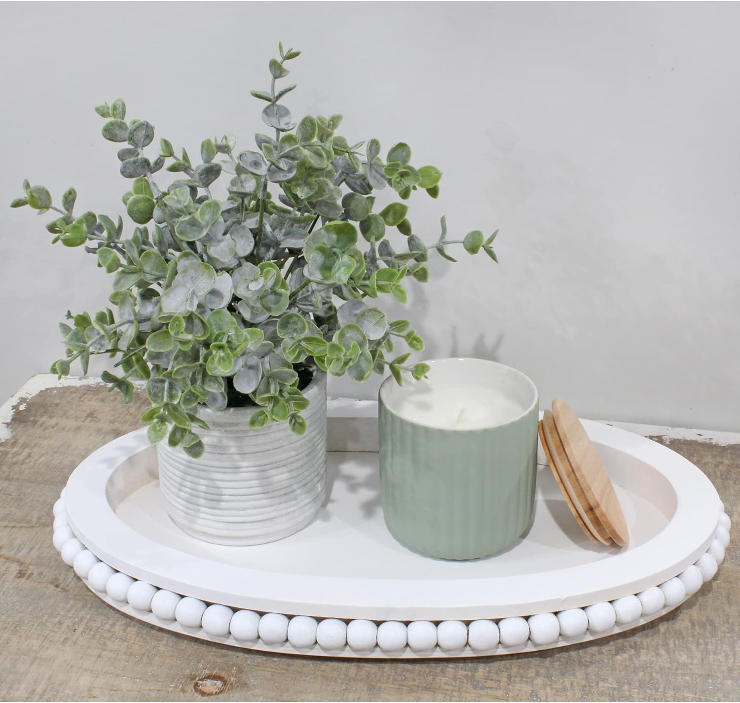 AuldHome Wood Beaded Tray White Decorative Oval