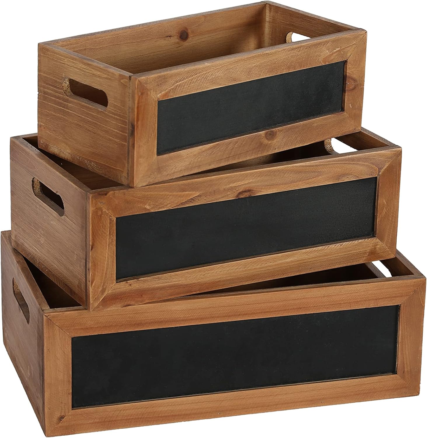 Set of 3 Rustic Wood Storage Crates with Chalkboard Handles