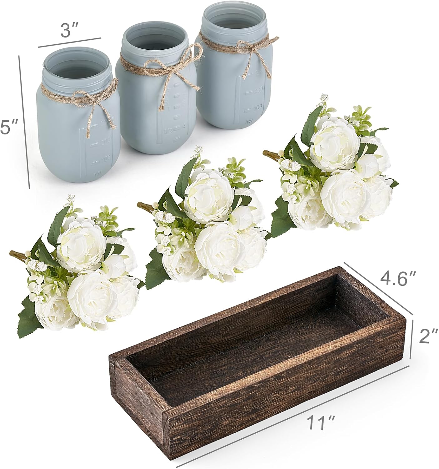 Mkono Decorative Wood Tray With 3 Painted Jars And Artificial Flowers