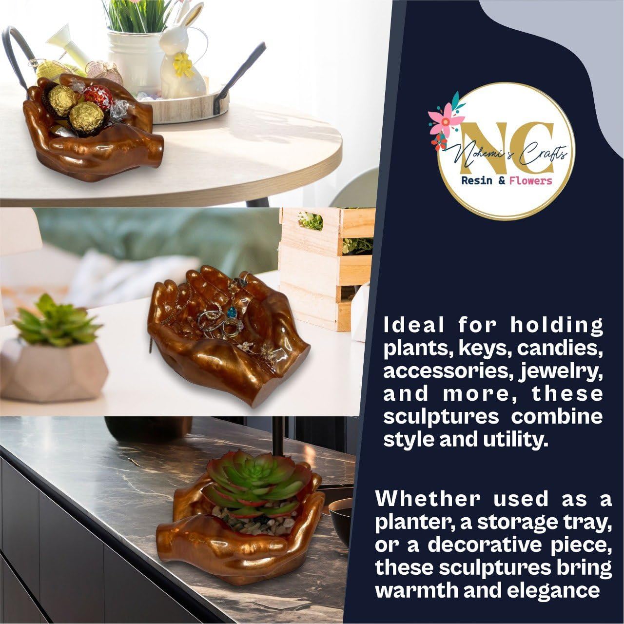 Hand Sculpture Resin Decor in Copper Green White
