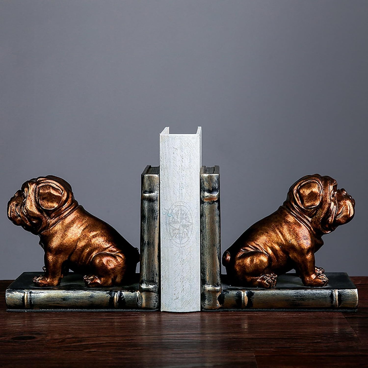Dwysswyd Bulldog Bookends - Vintage Resin Shelf Guardians with Anti-Slip Base 1