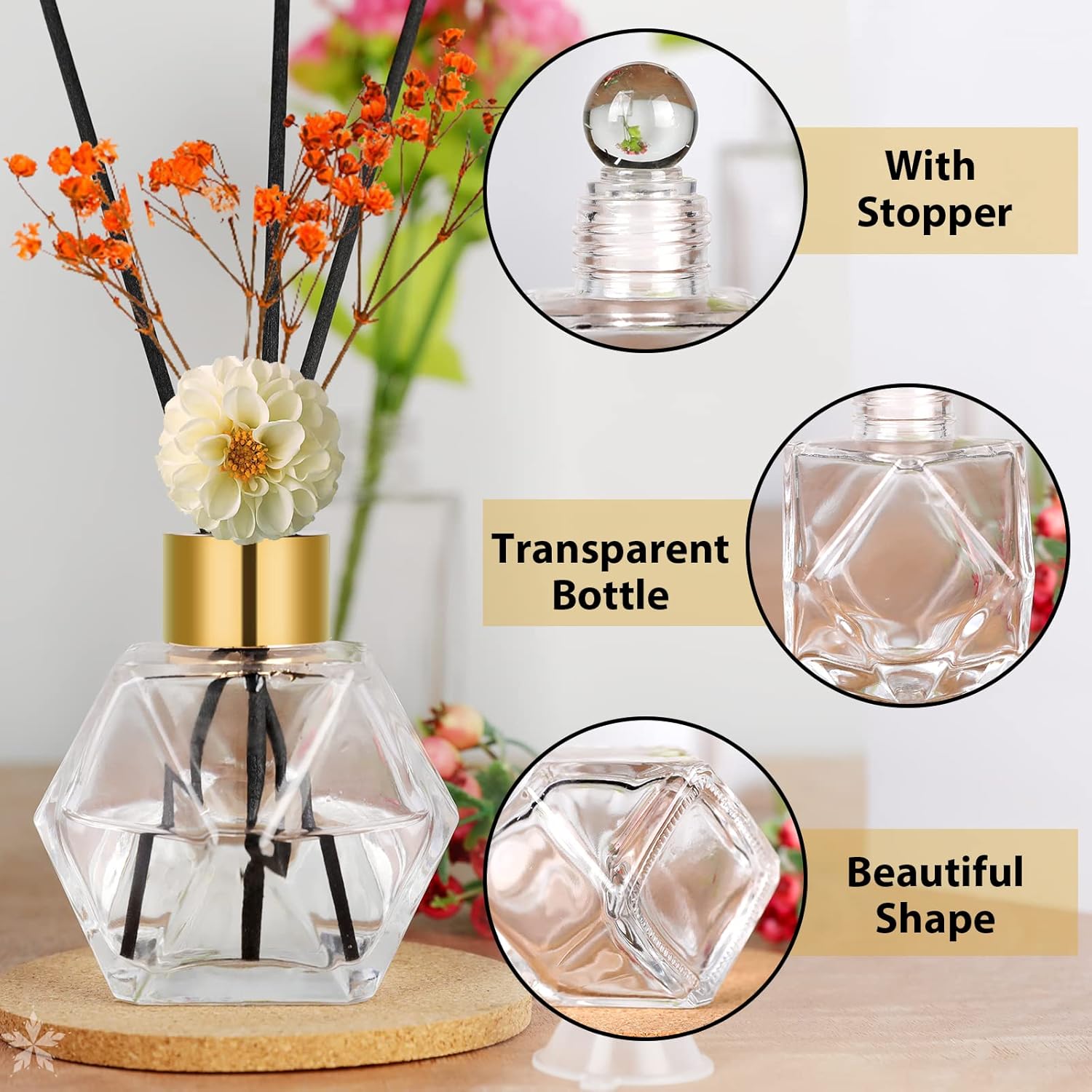 Supwinnet 5-Piece Clear Glass Diffuser Set with Gold Caps