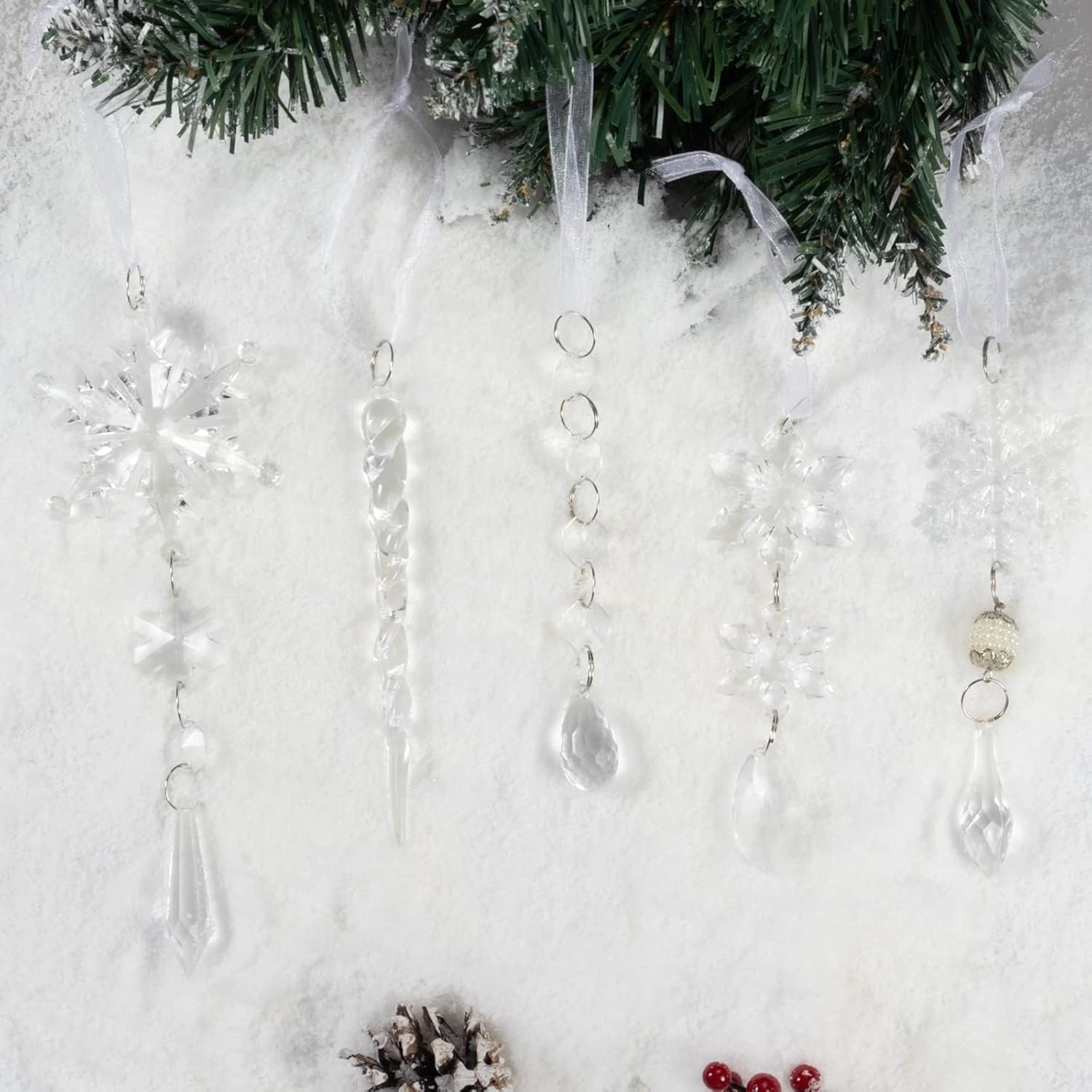 18pcs Crystal Christmas Tree Decorations with Snowflakes and Icicles