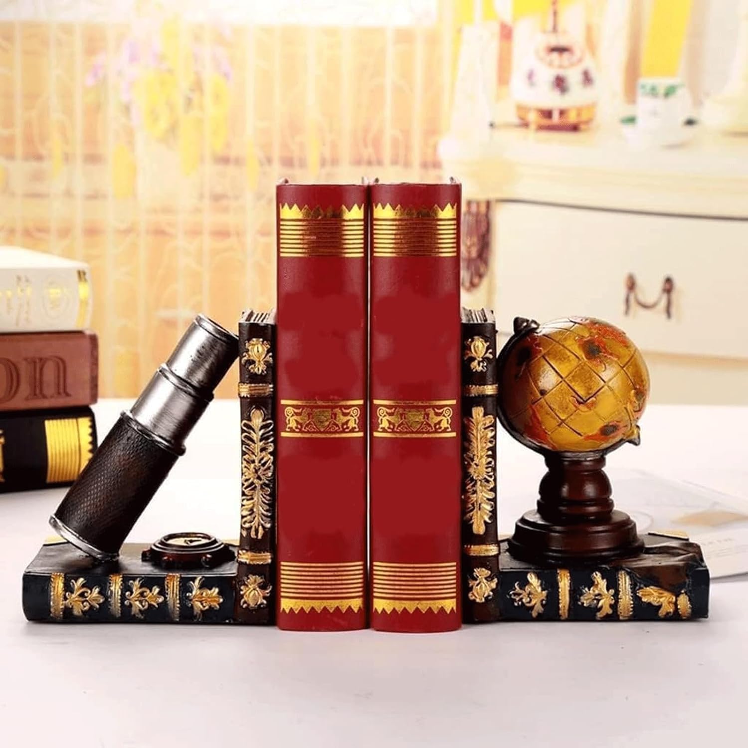 Unique Vintage Globe Telescope Bookend for Shelves