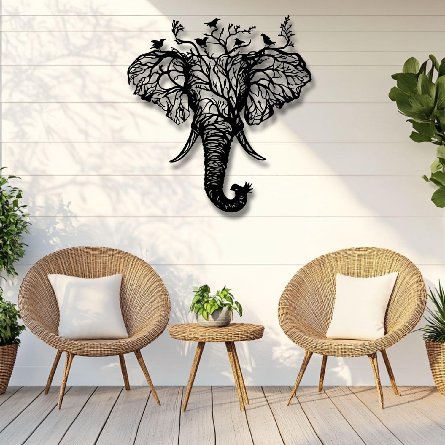 Flewfar Elephant Head Metal Wall Art Birds And Tree Hanging Decoration White 19x19 Inch Unframed