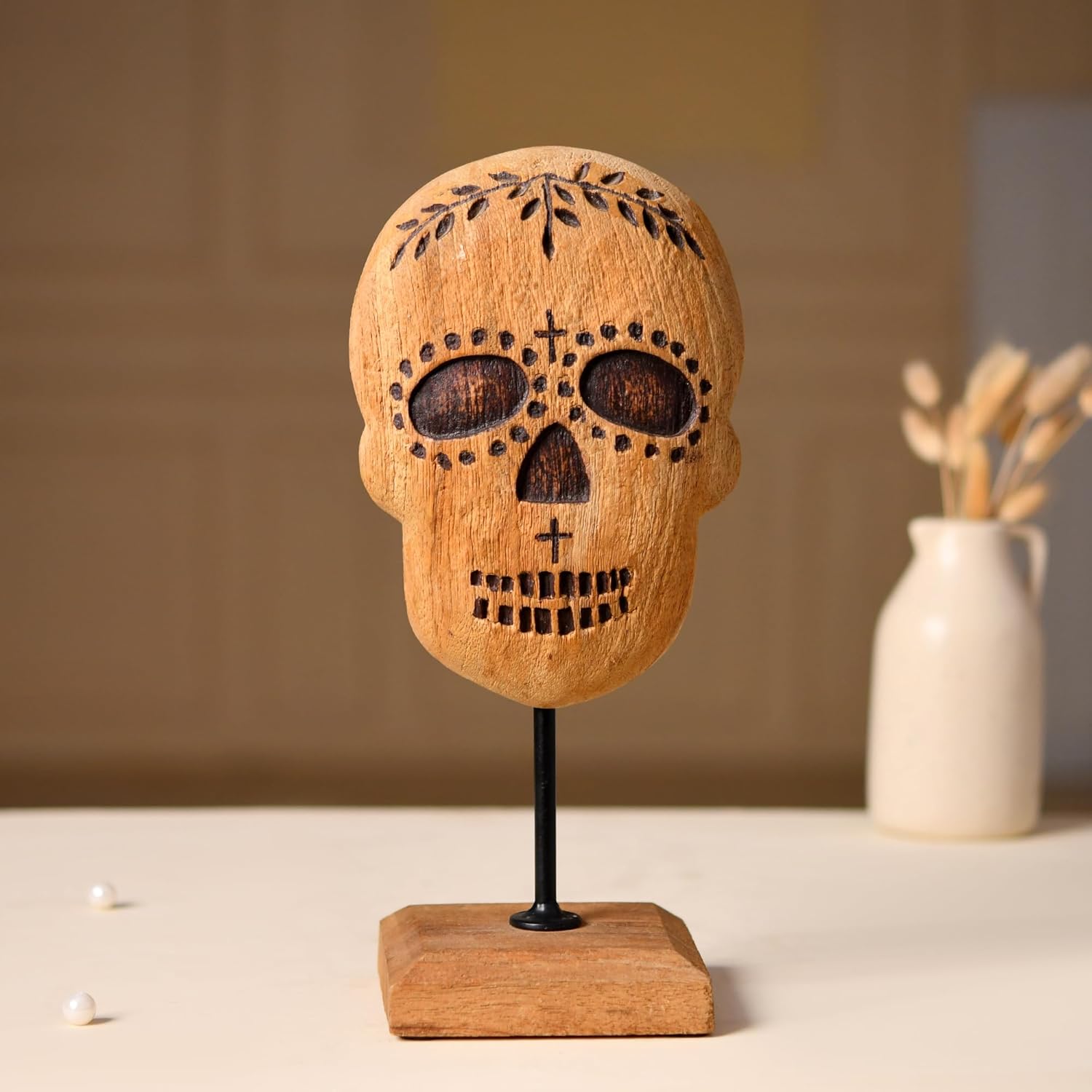 Handcrafted Wooden Skull Decor - 13 Inch Gothic Art Sculpture