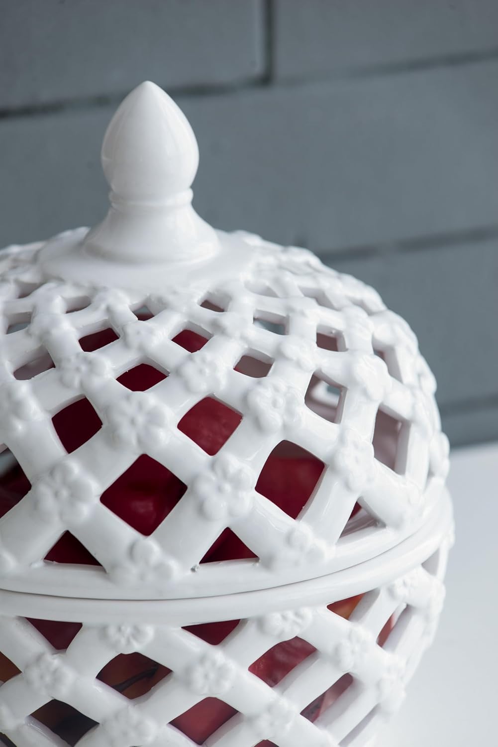 Ceramic Lidded Jar with Lattice Design 95 Inches High