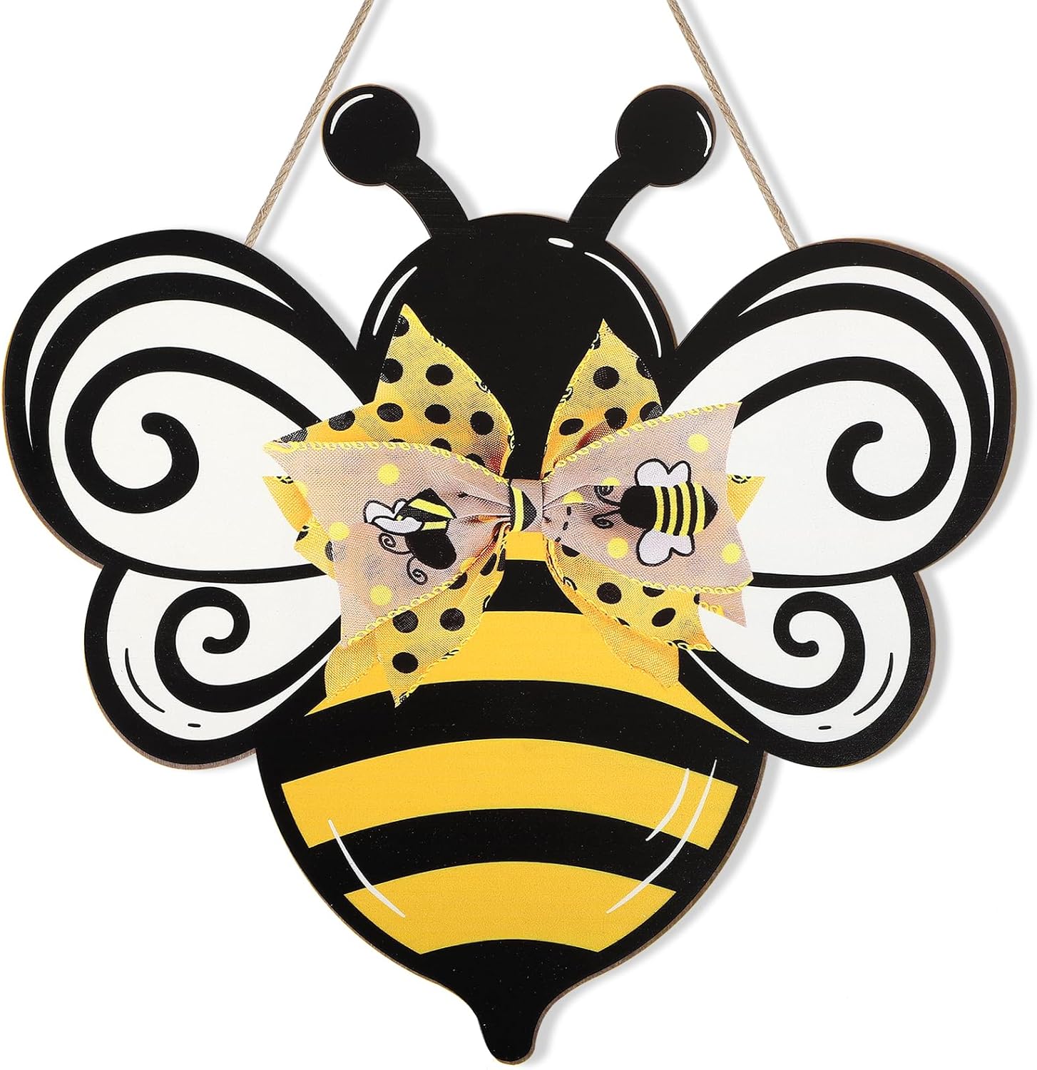 Bee Wooden Wreath Front Door Welcome Sign with Bow Ribbon