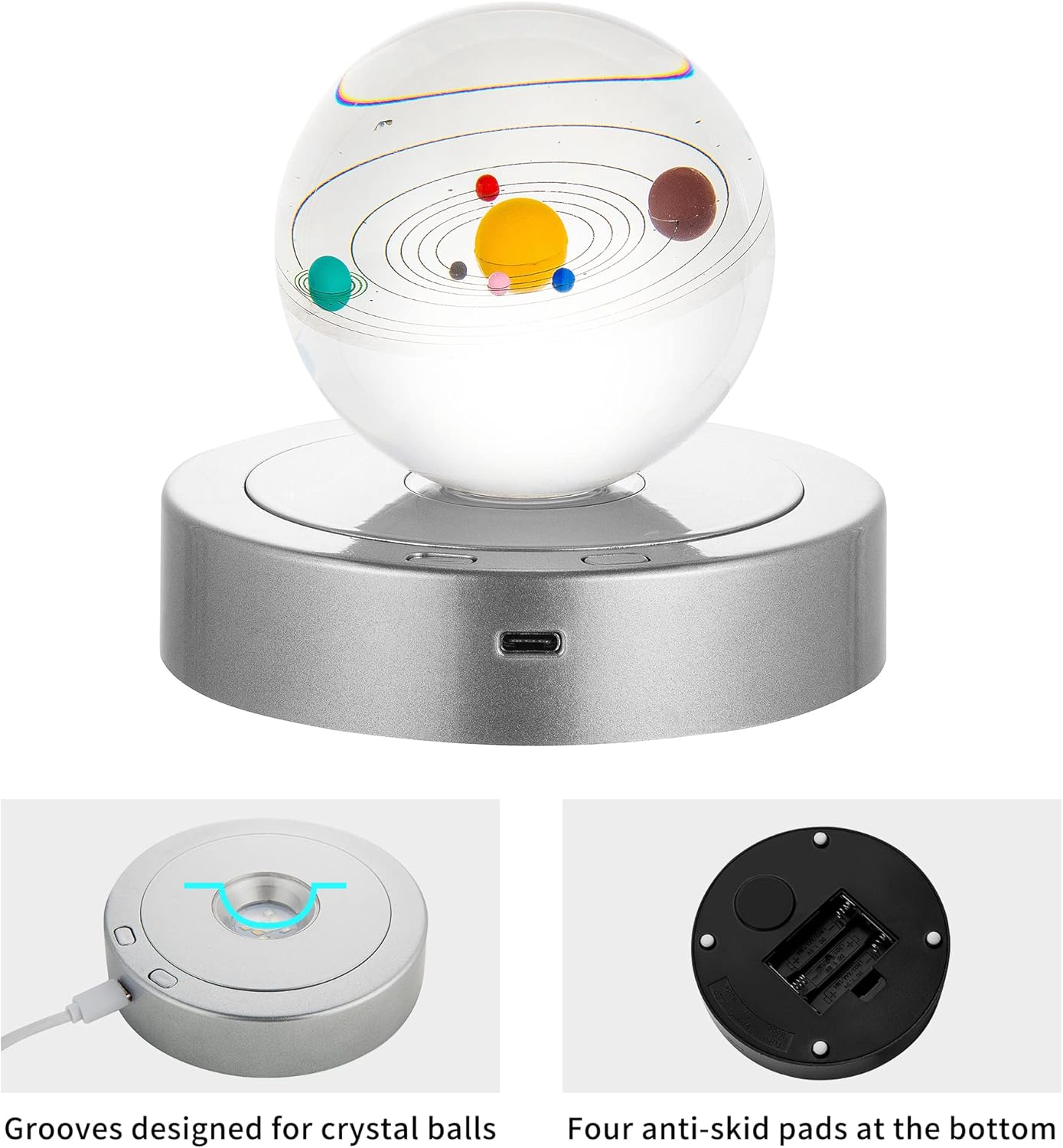 Rotating Display Stand with Colorful LED Lights - 4 Modes 8 Light Options - Electric Battery Operated - Silver