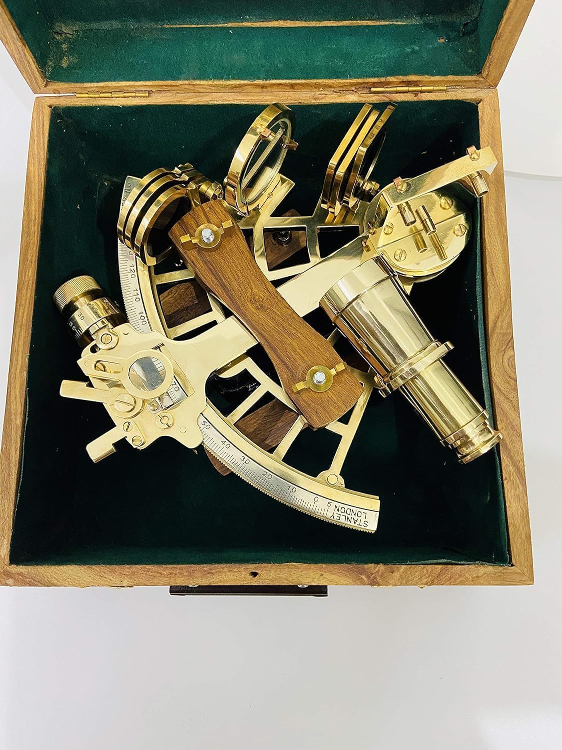 Vintage Brass Nautical Sextant With Decorative Wooden Box
