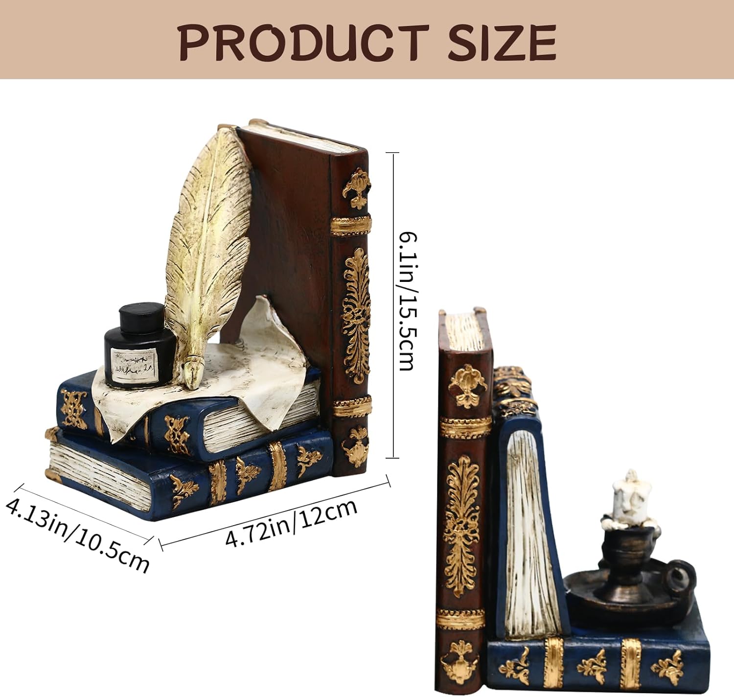 Vintage L Shaped Bookends with Feather Quill and Oil Lamp Design