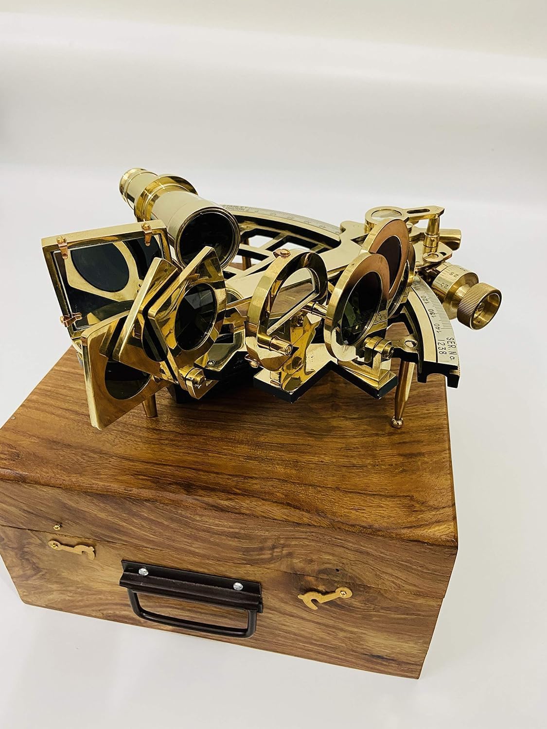 Vintage Brass Nautical Sextant With Decorative Wooden Box