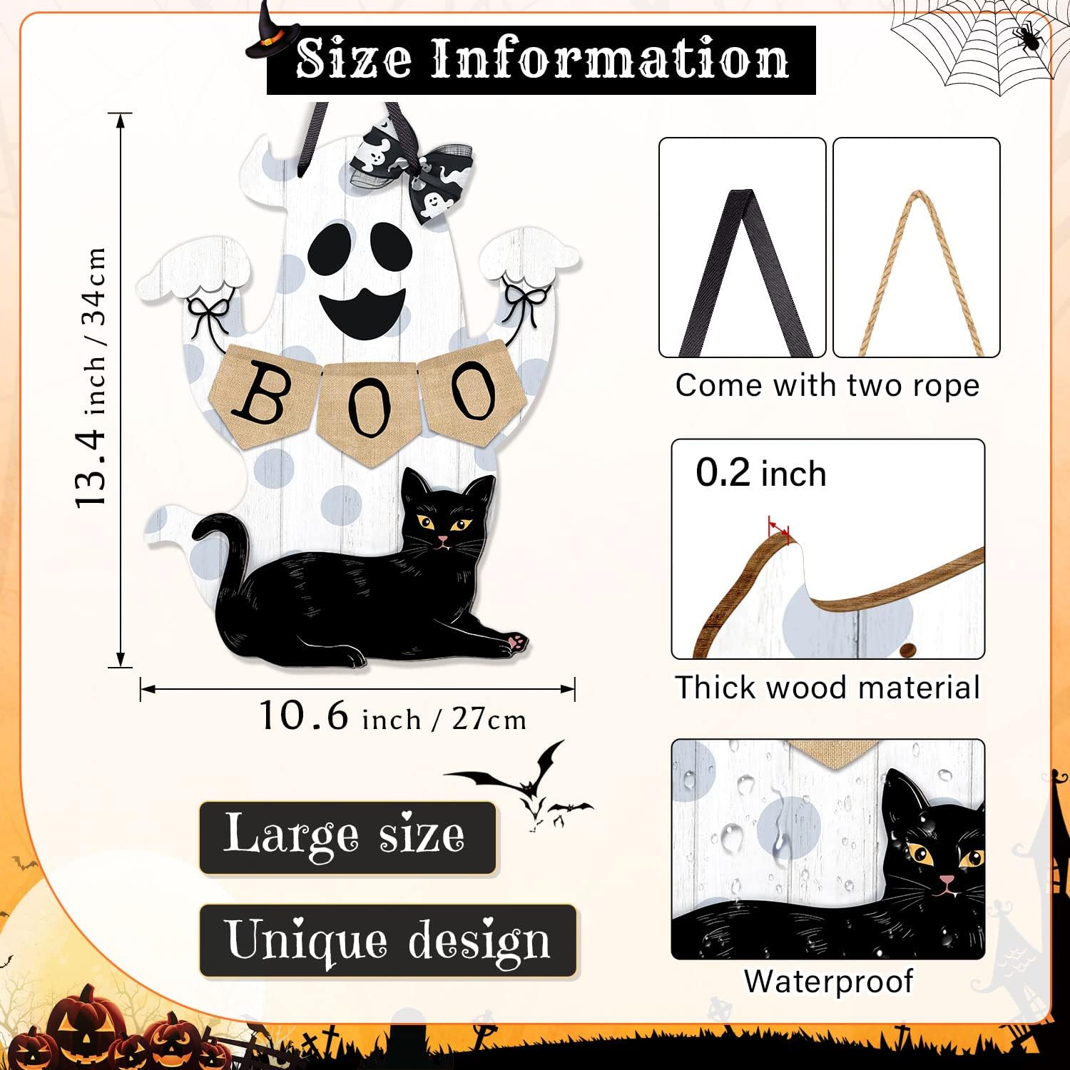 Halloween Boo Decorations Ghost Door Sign Wooden Wreath Outdoor Indoor