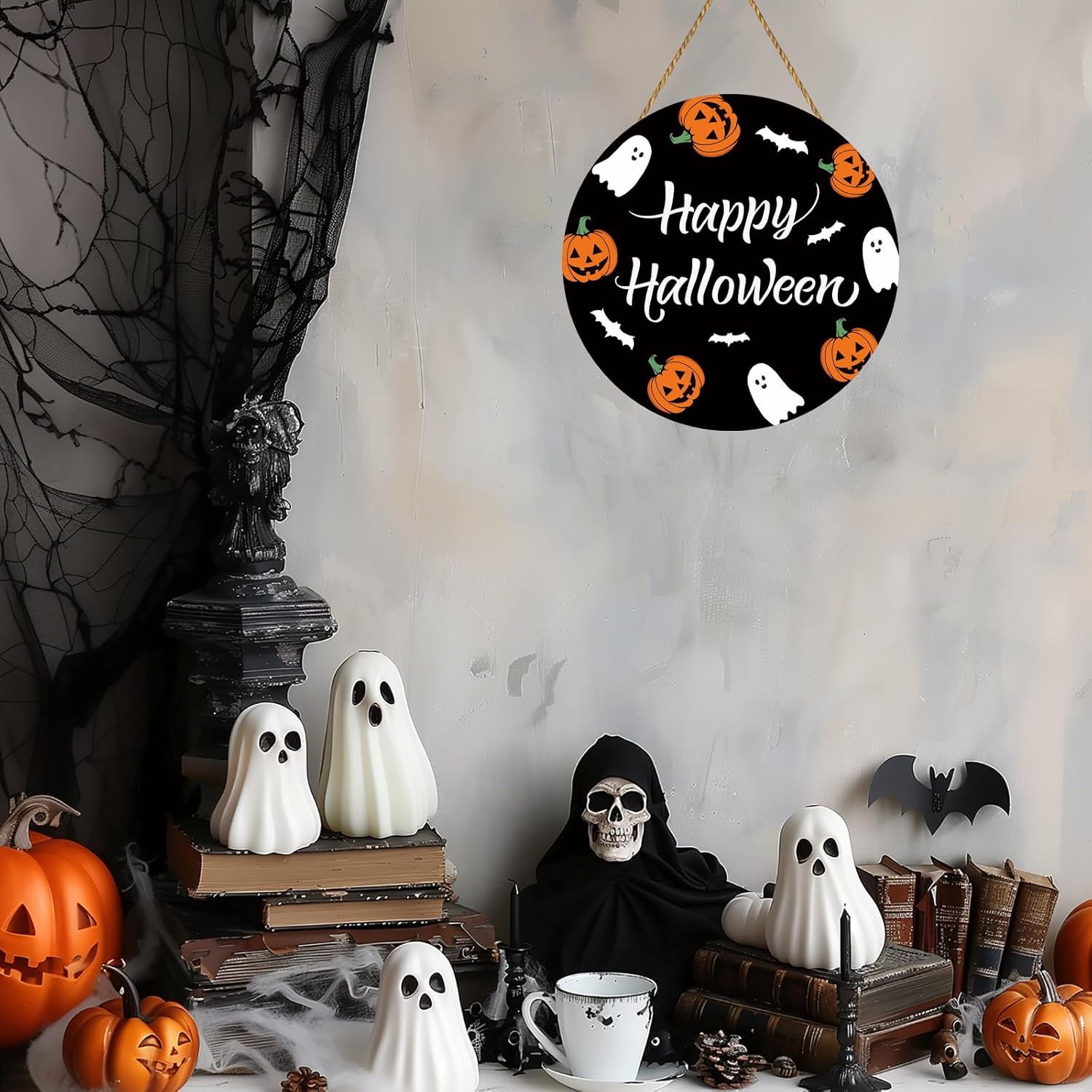 Cute Halloween Wreath with Ghosts Pumpkins Bats Hanging Sign