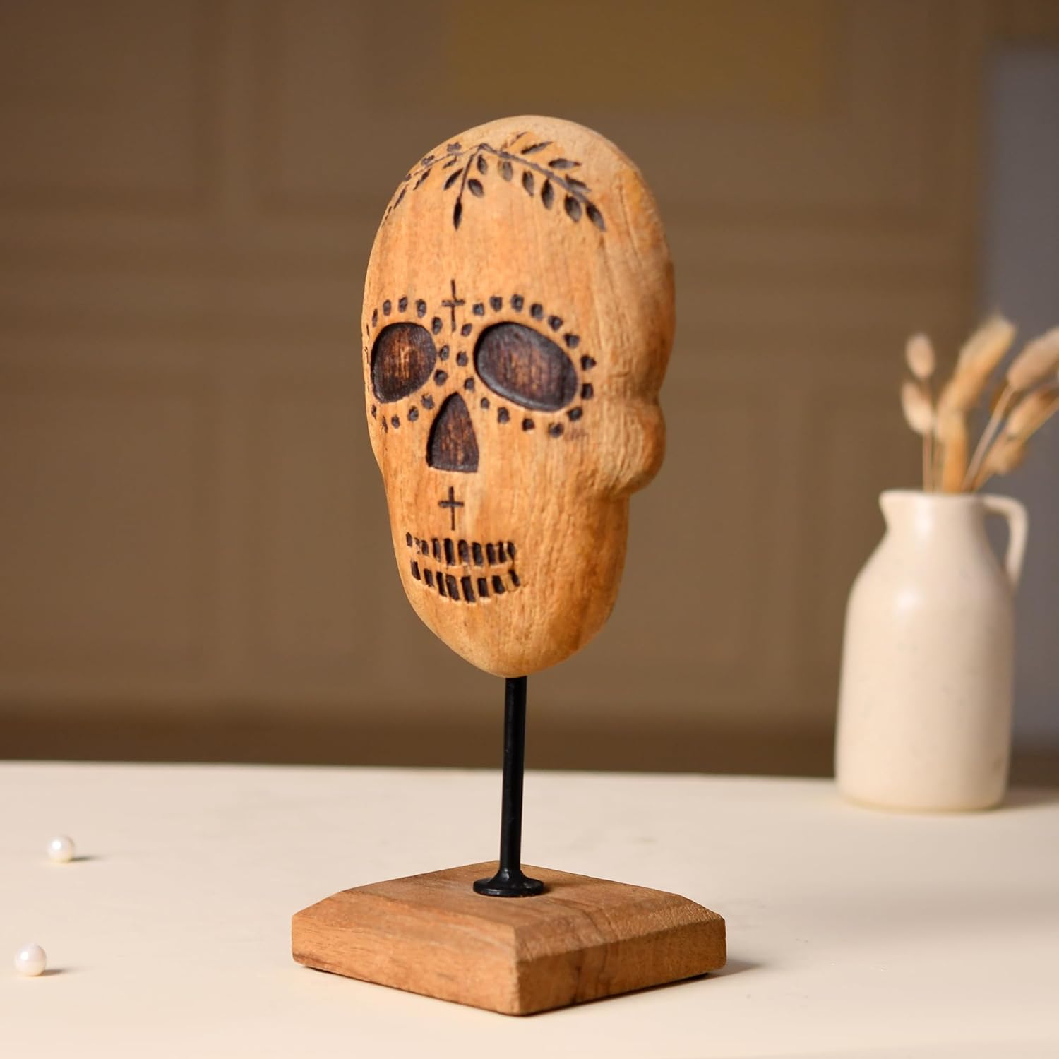 Handcrafted Wooden Skull Decor - 13 Inch Gothic Art Sculpture