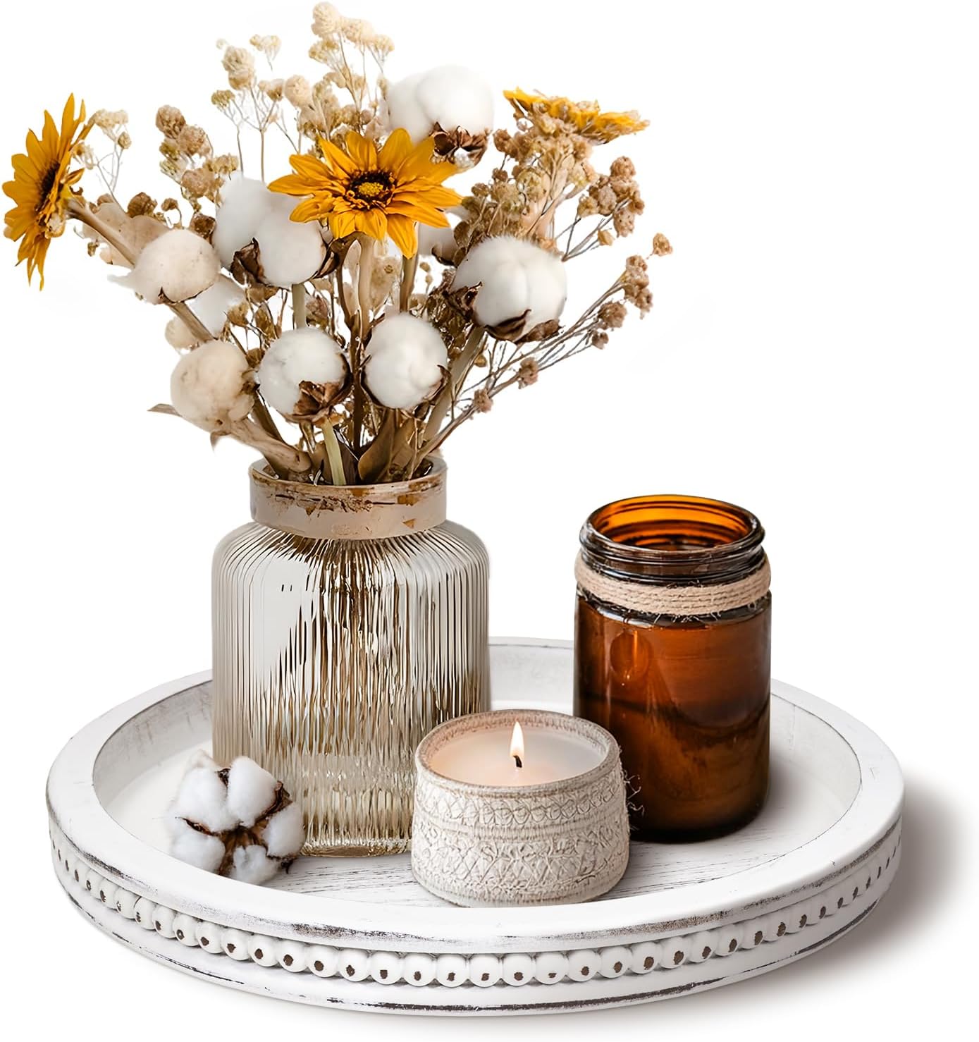 CEDARLUX Wooden Round Decorative Tray - Modern Farmhouse White Coffee Table Serving Tray