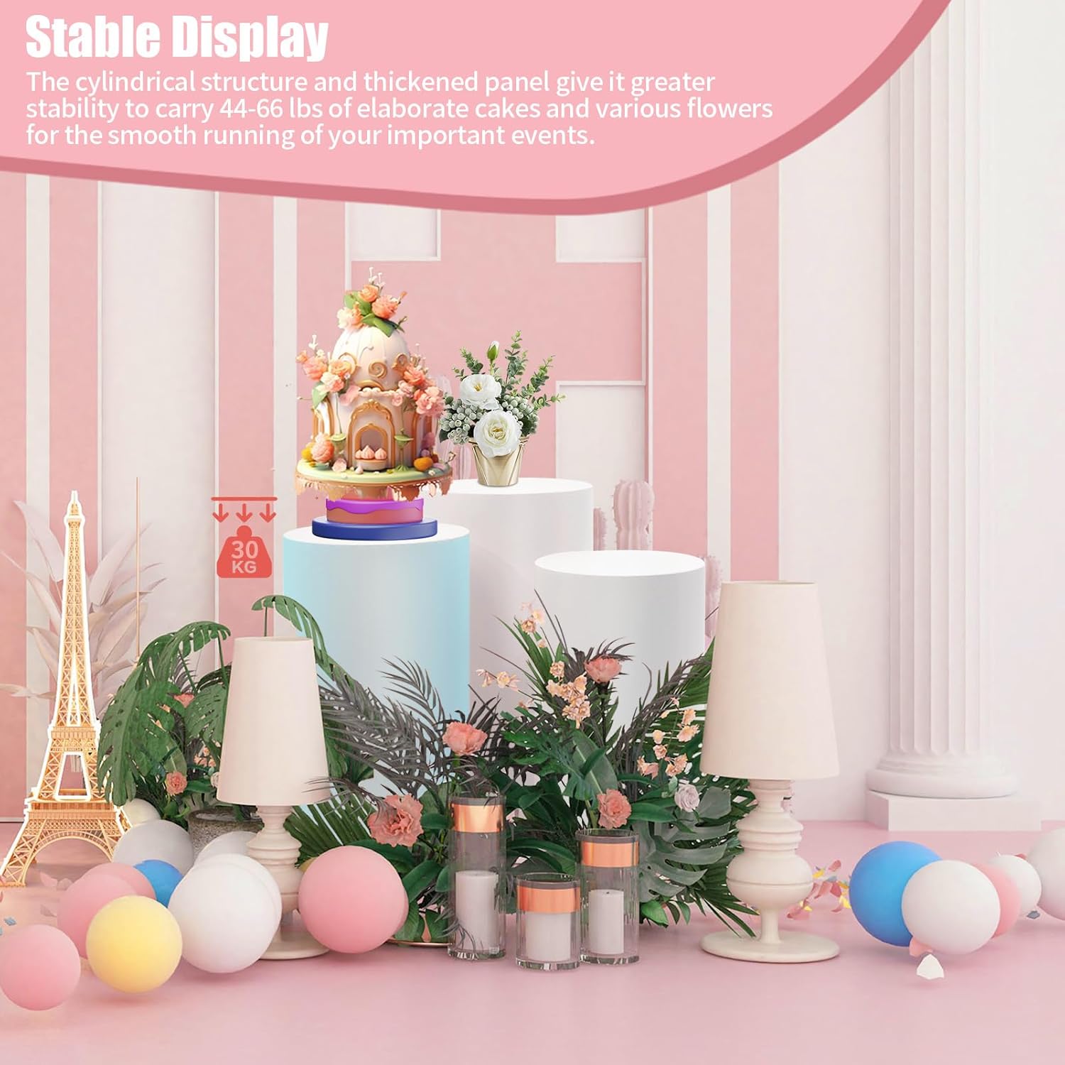 White Cylinder Pedestal Stand for Party 3Pcs Display Plinth