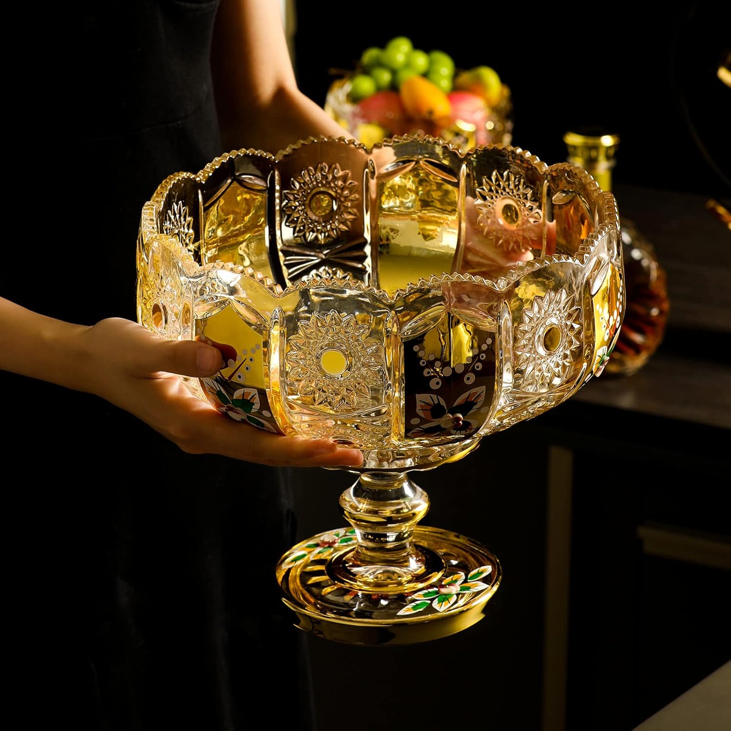 G Crystal Glass Fruit Bowl with Gold Accents and Floral Design