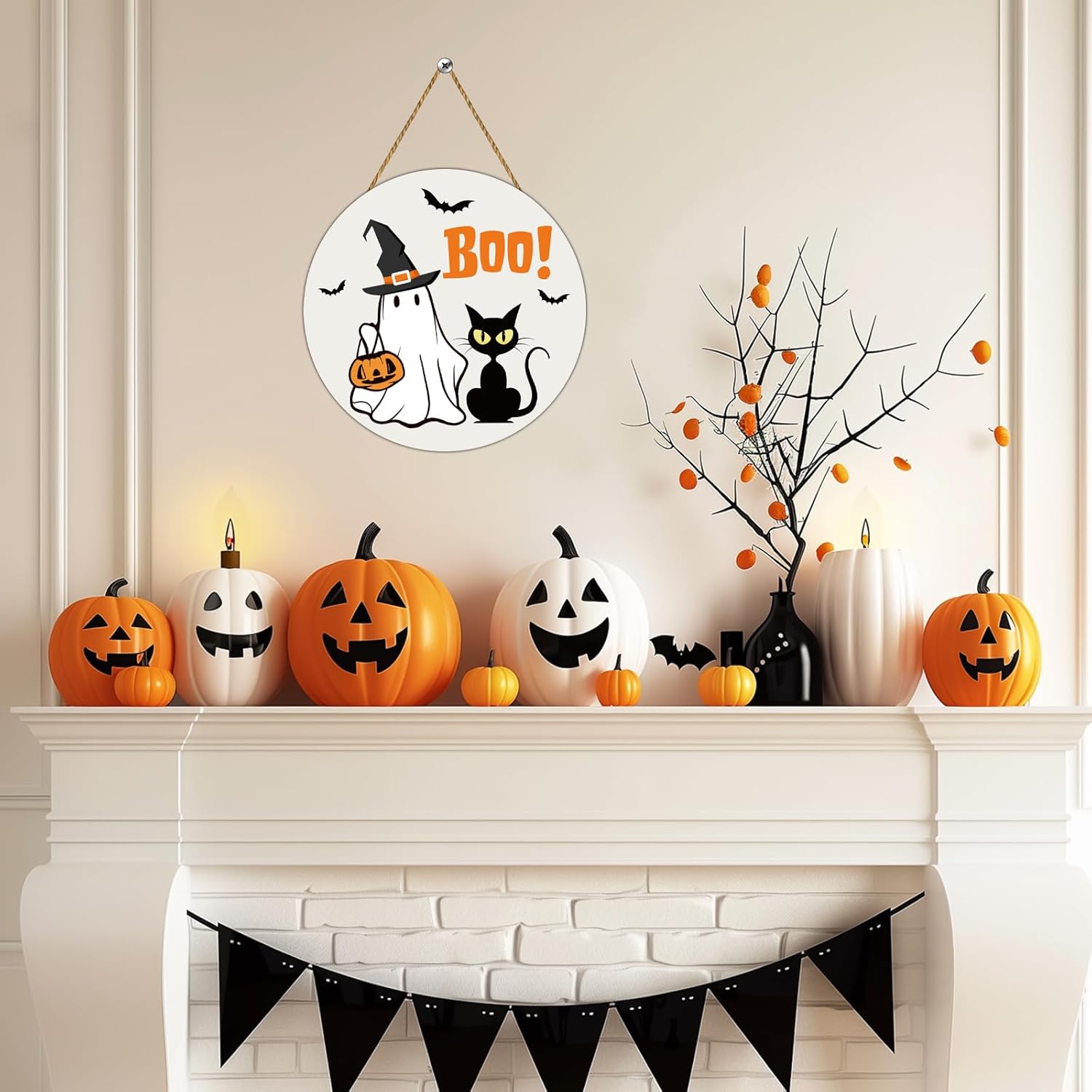 Halloween Door Wreath Cute Ghost Black Cat Front Door Decor