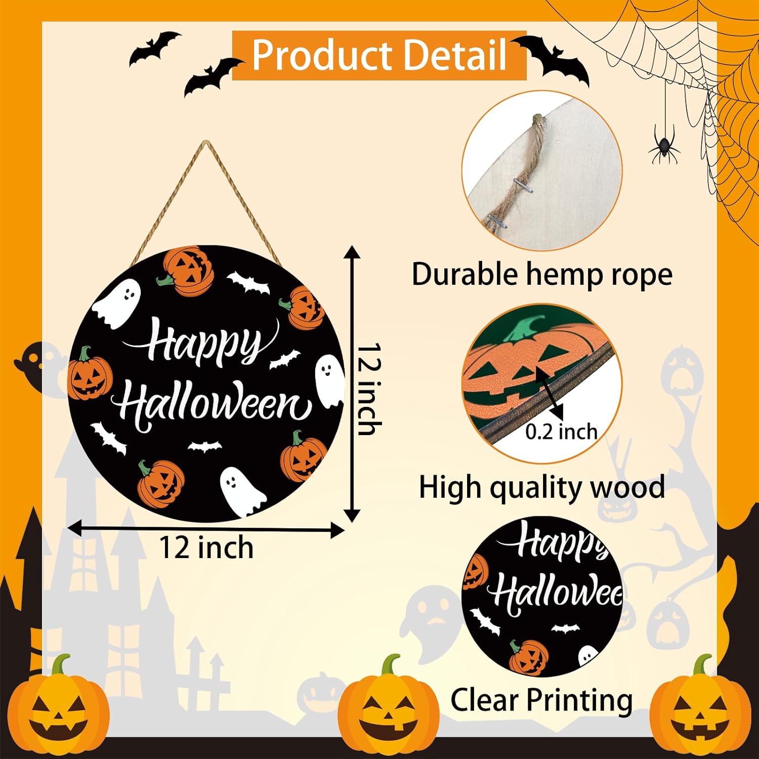 Cute Halloween Wreath with Ghosts Pumpkins Bats Hanging Sign