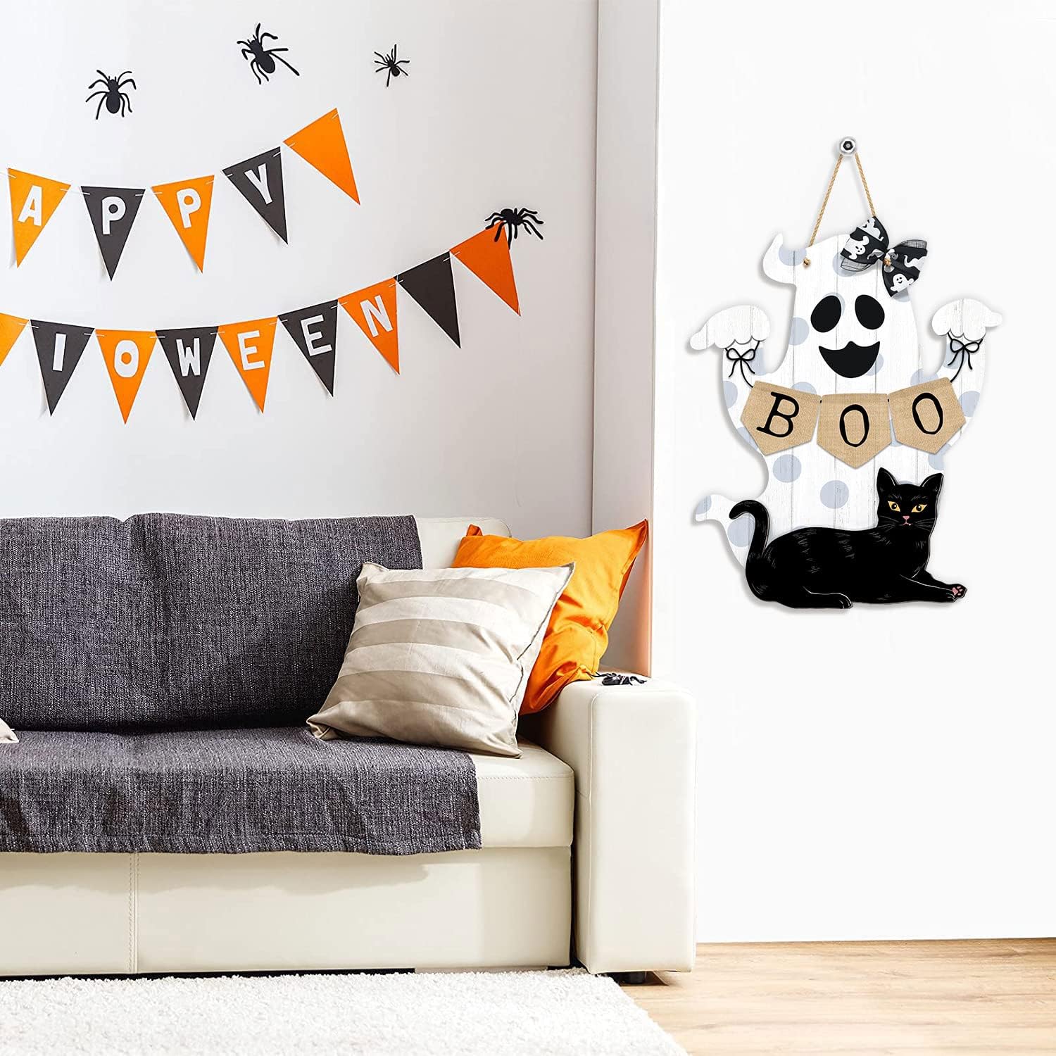 Halloween Boo Decorations Ghost Door Sign Wooden Wreath Outdoor Indoor