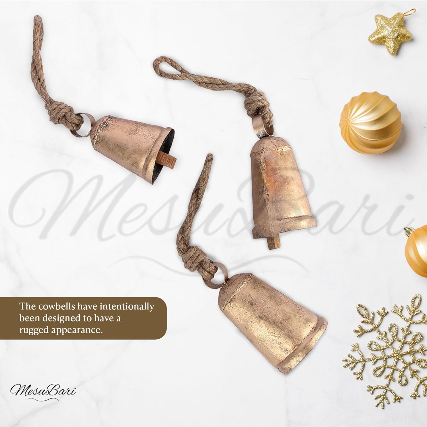 Set of 3 Vintage Brass Cone Cow Bells with Rustic Design