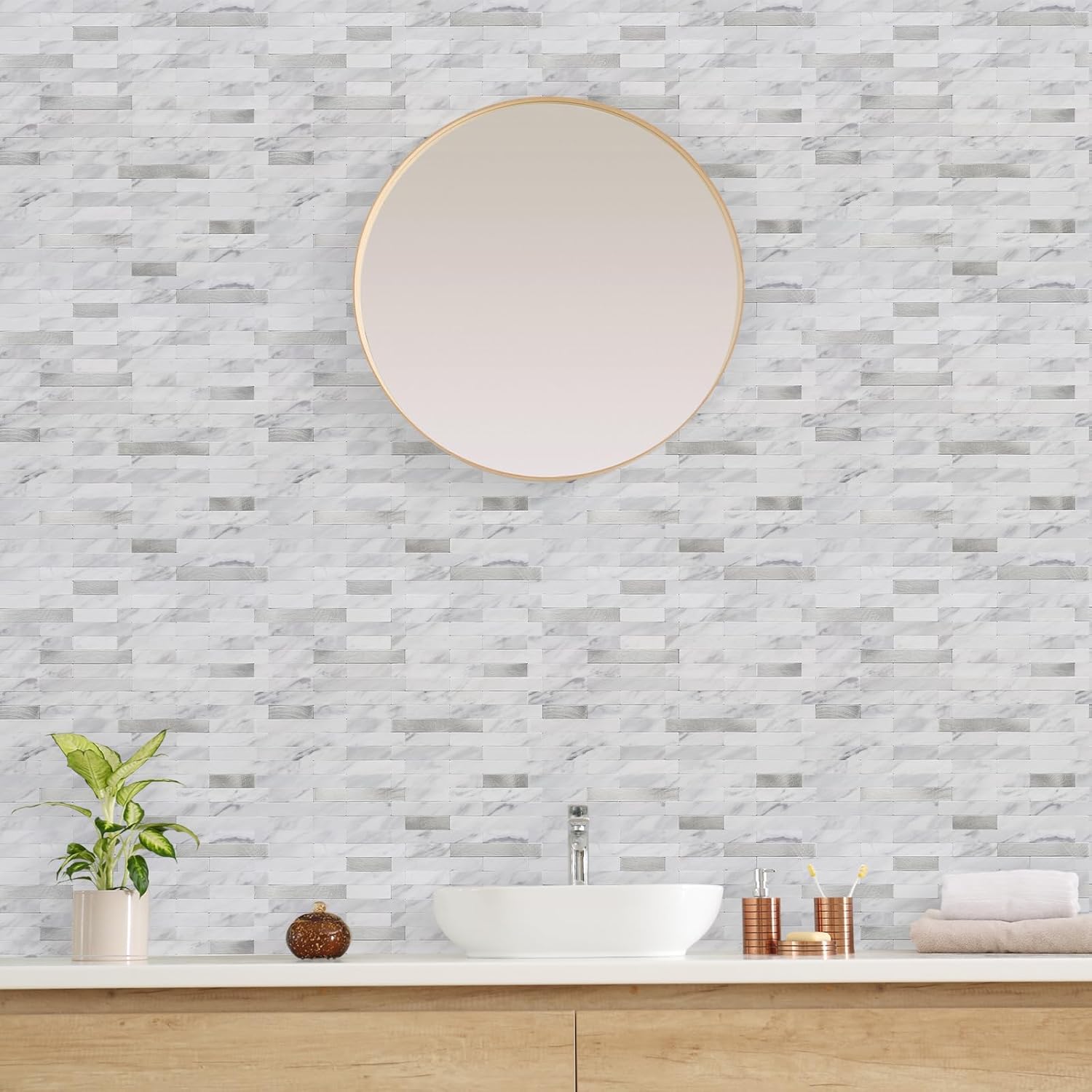 STICKGOO Peel and Stick Backsplash Tiles White Marble with Silver Metal 10 Sheets